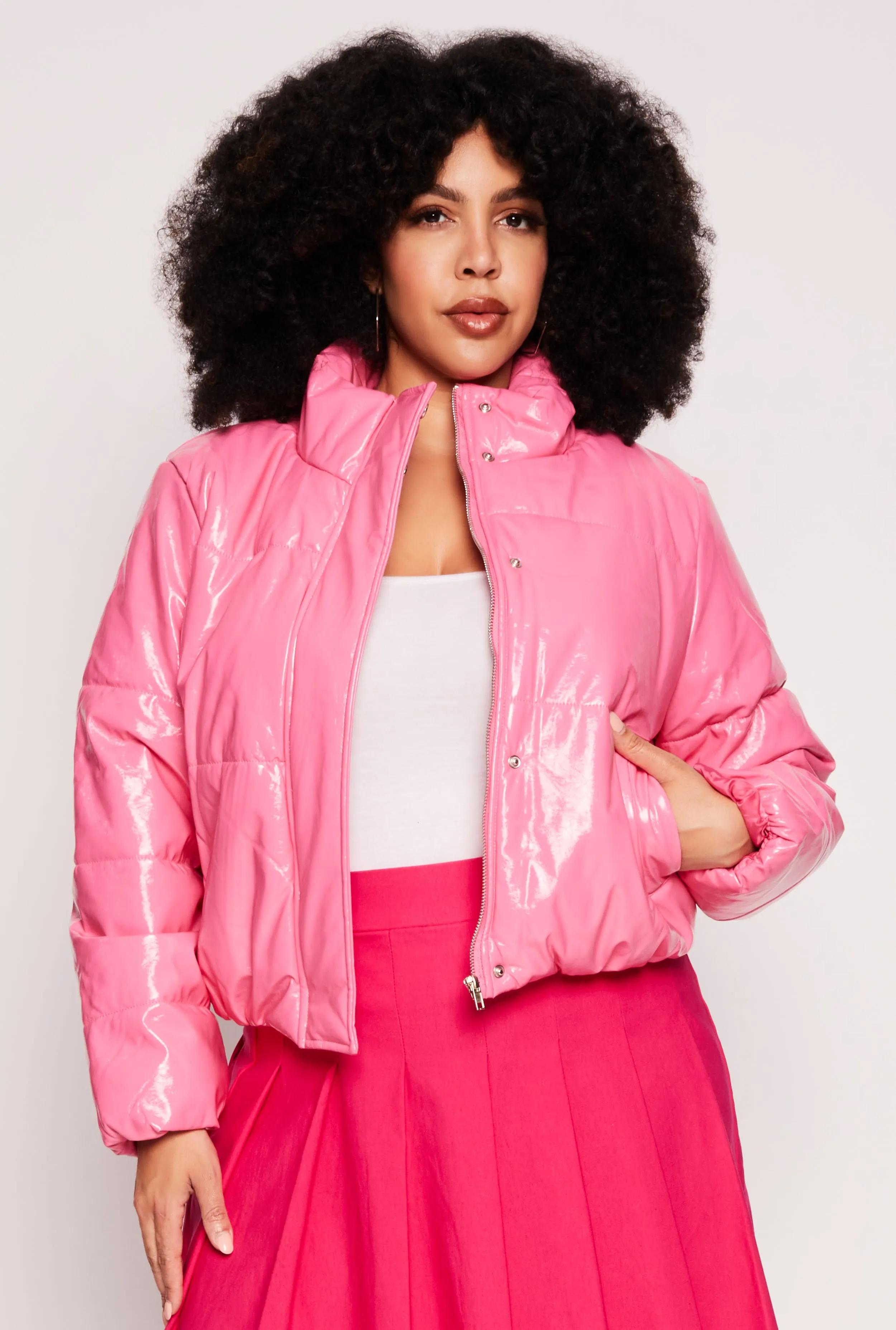 Plus Size Faux Patent Leather Puffer Jacket sold by Rainbow