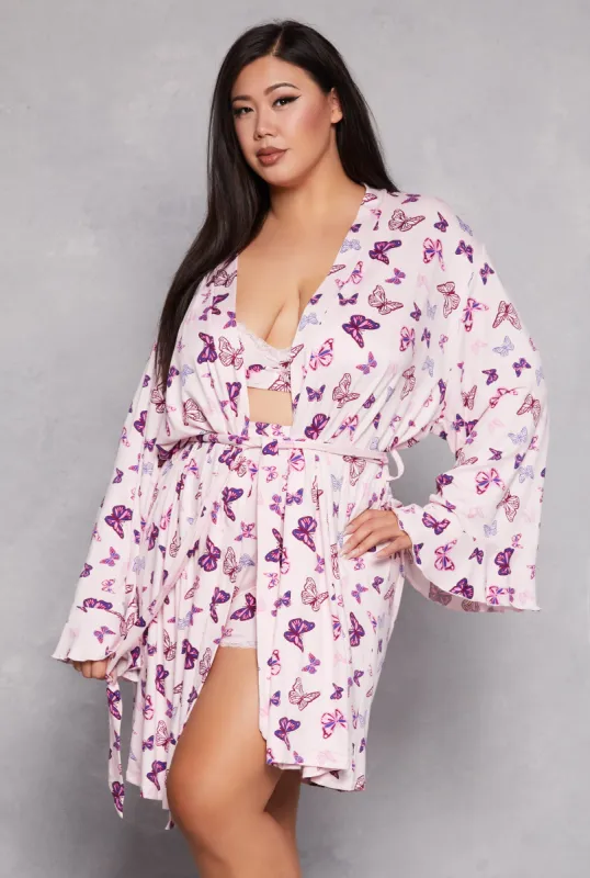 Plus Size Butterfly Print Pajama Bralette and Shorts with Robe sold by Rainbow