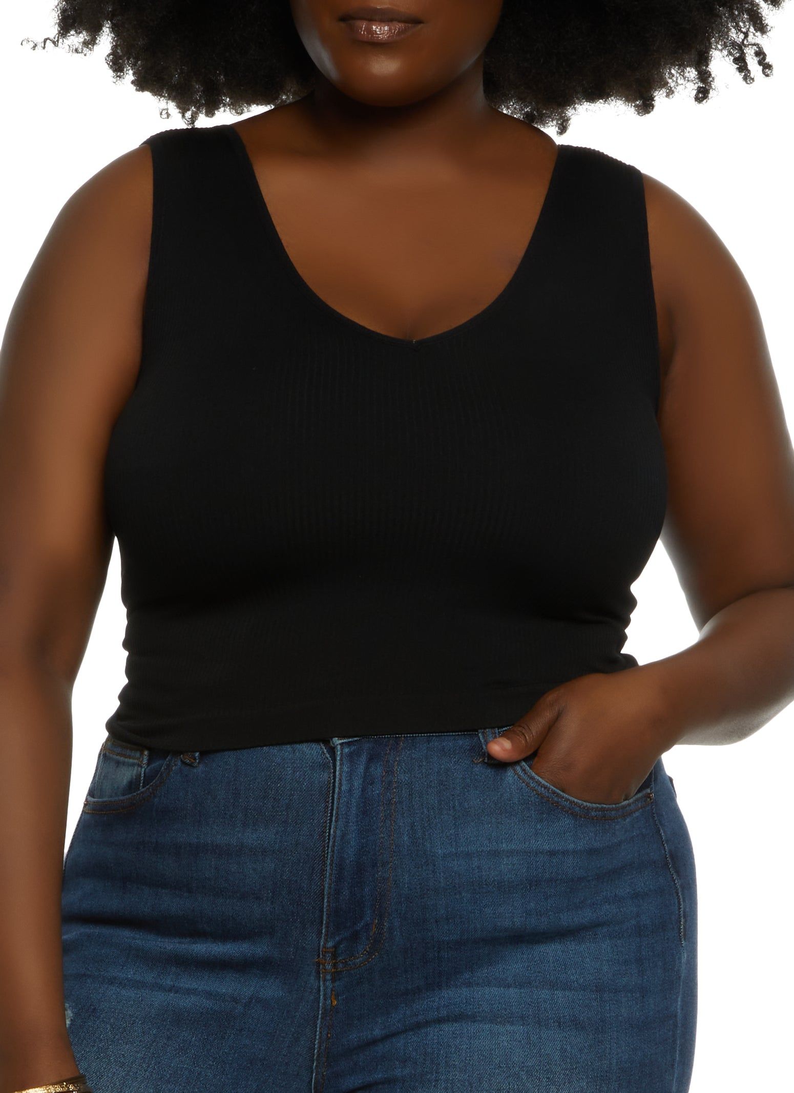 Plus Size Ribbed V Neck Tank Top sold by Rainbow