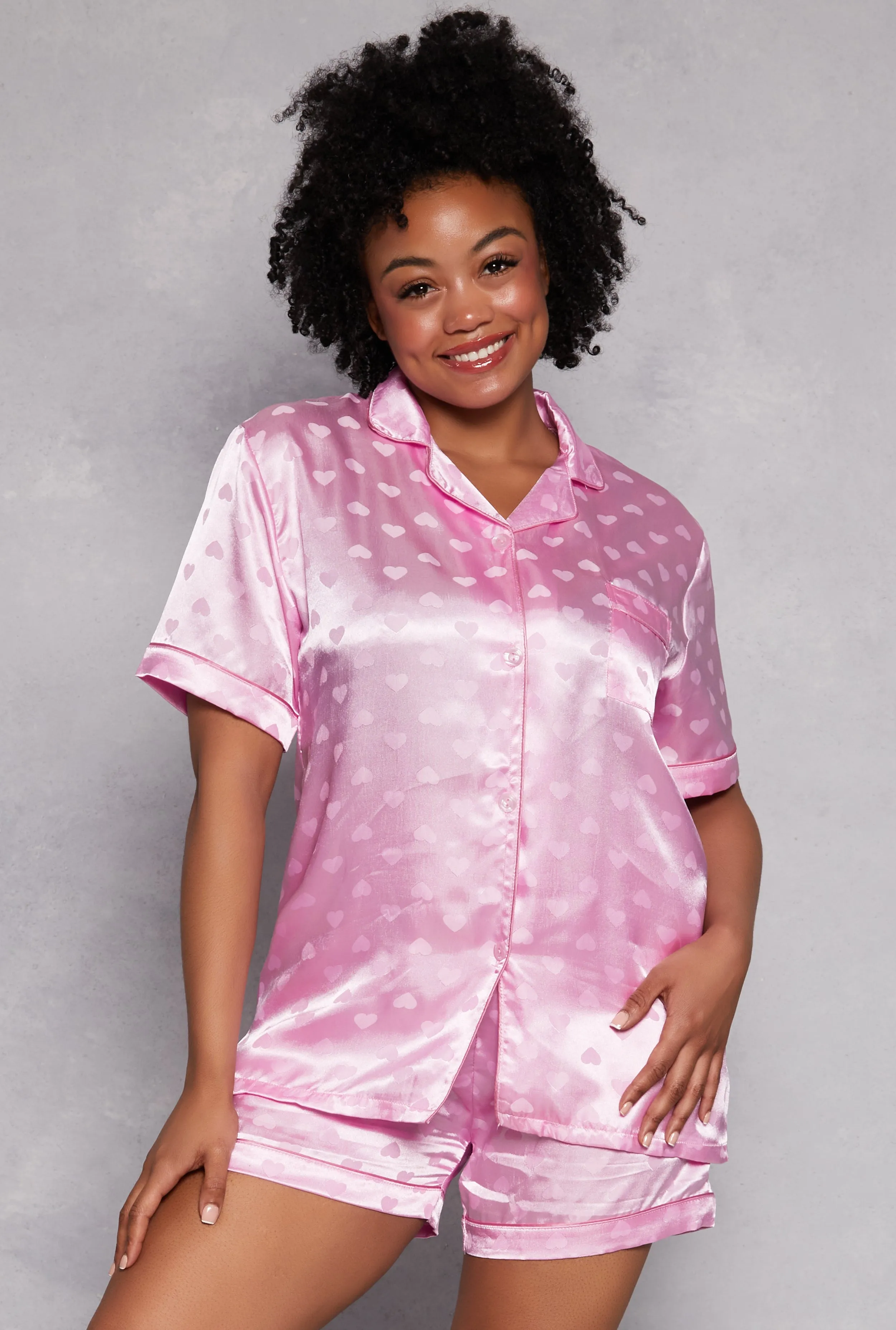 Plus Size Satin Heart Print Pajama Shirt and Shorts sold by Rainbow