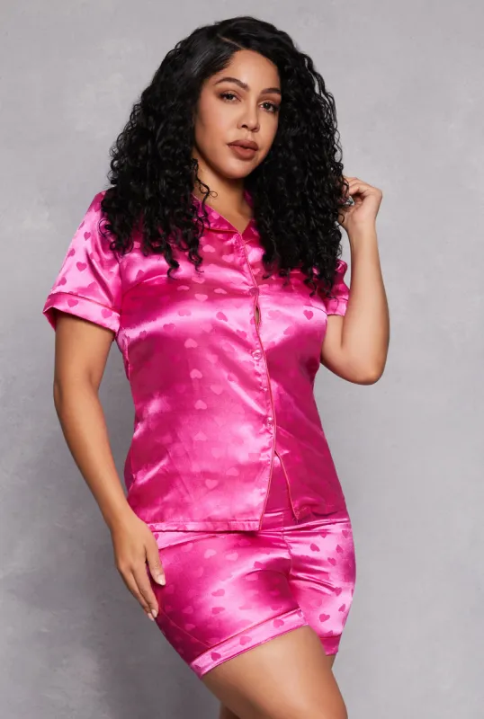 Plus Size Satin Heart Print Pajama Shirt and Shorts sold by Rainbow