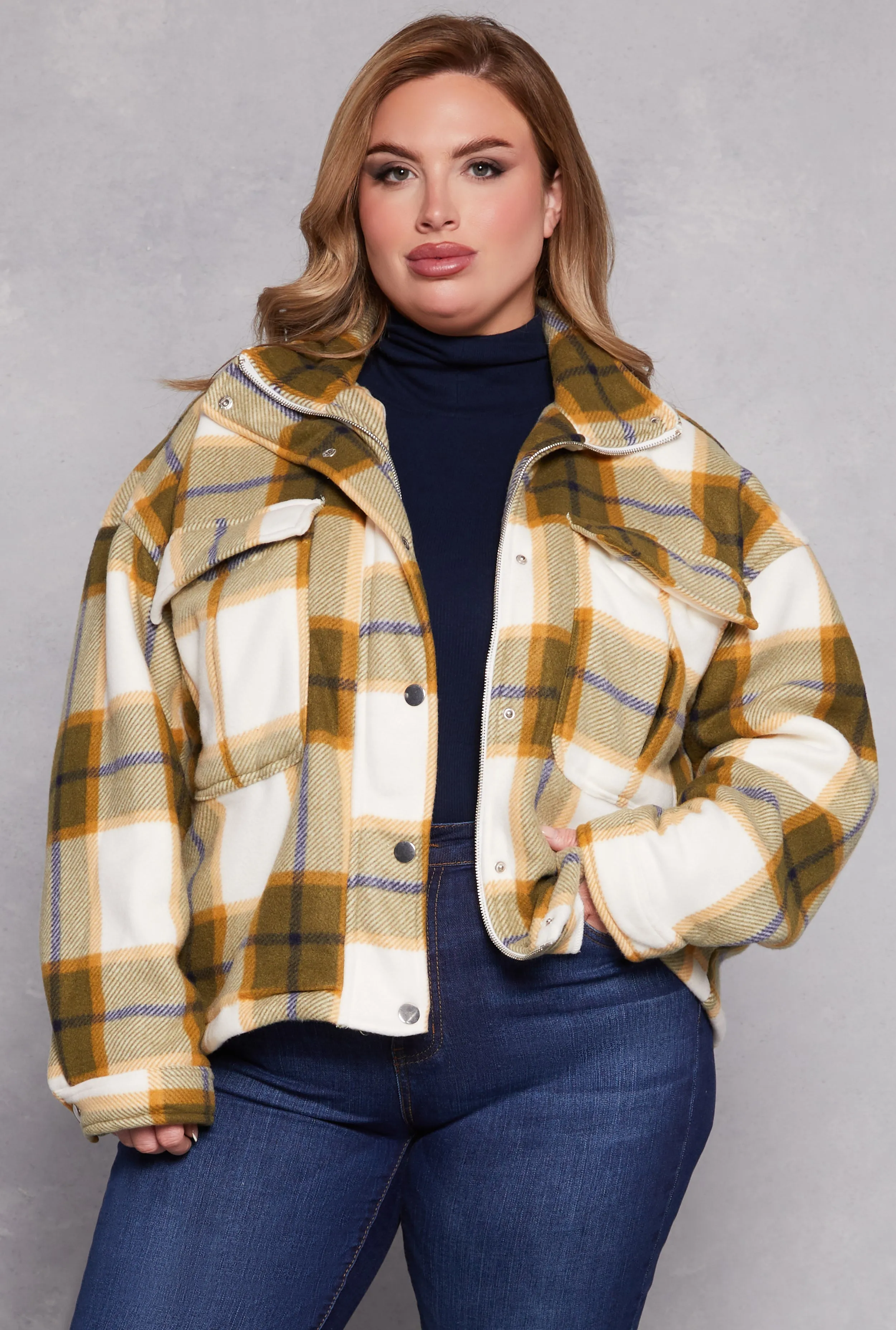 Plus Size Plaid Zip Front Shacket sold by Rainbow