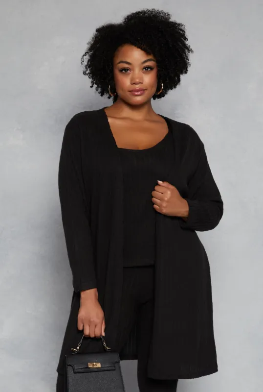 Plus Size Brushed Ribbed Knit Long Cardigan sold by Rainbow