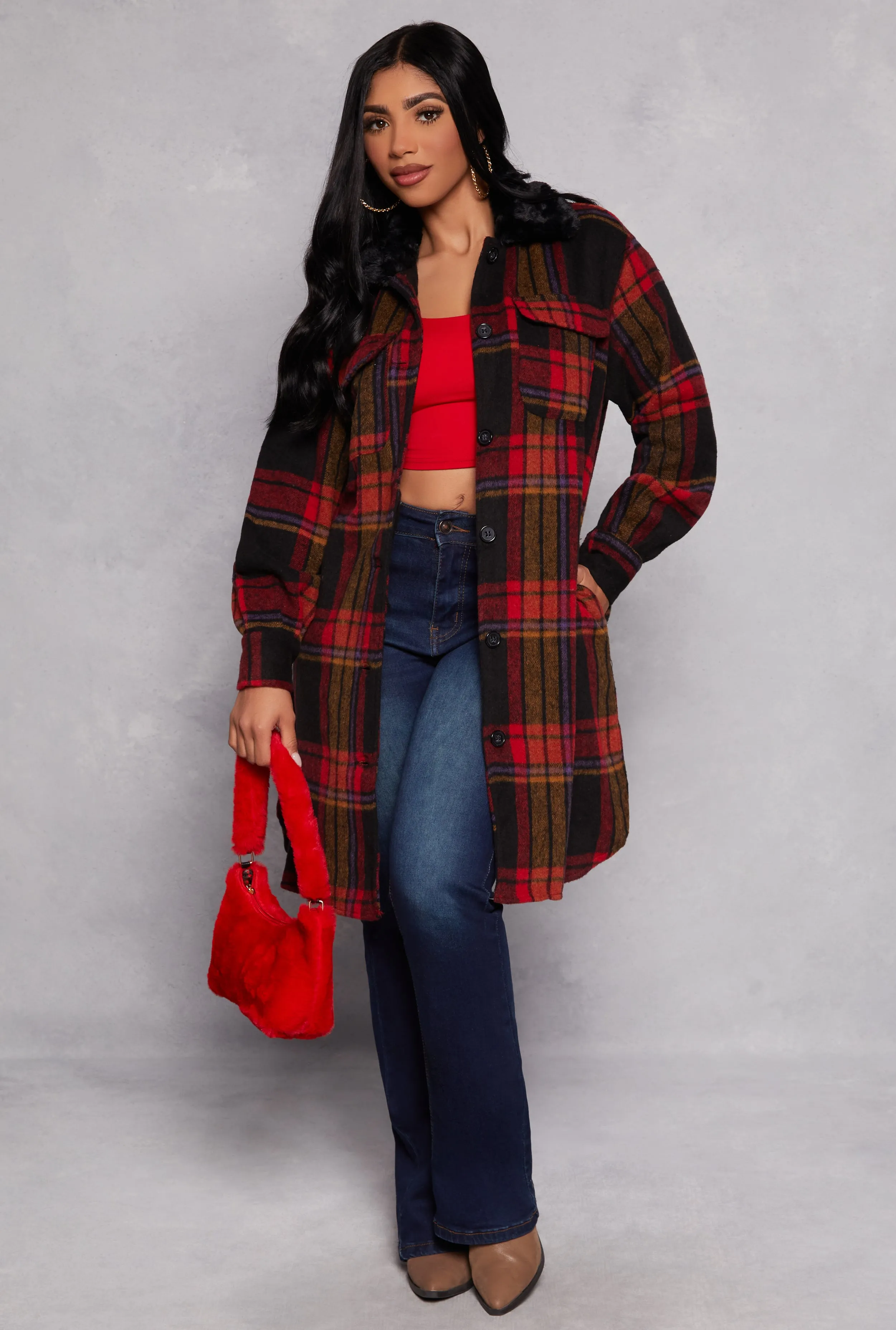 Spoon Jeans Faux Fur Collar Plaid Shacket sold by Rainbow product image thumbnail 2