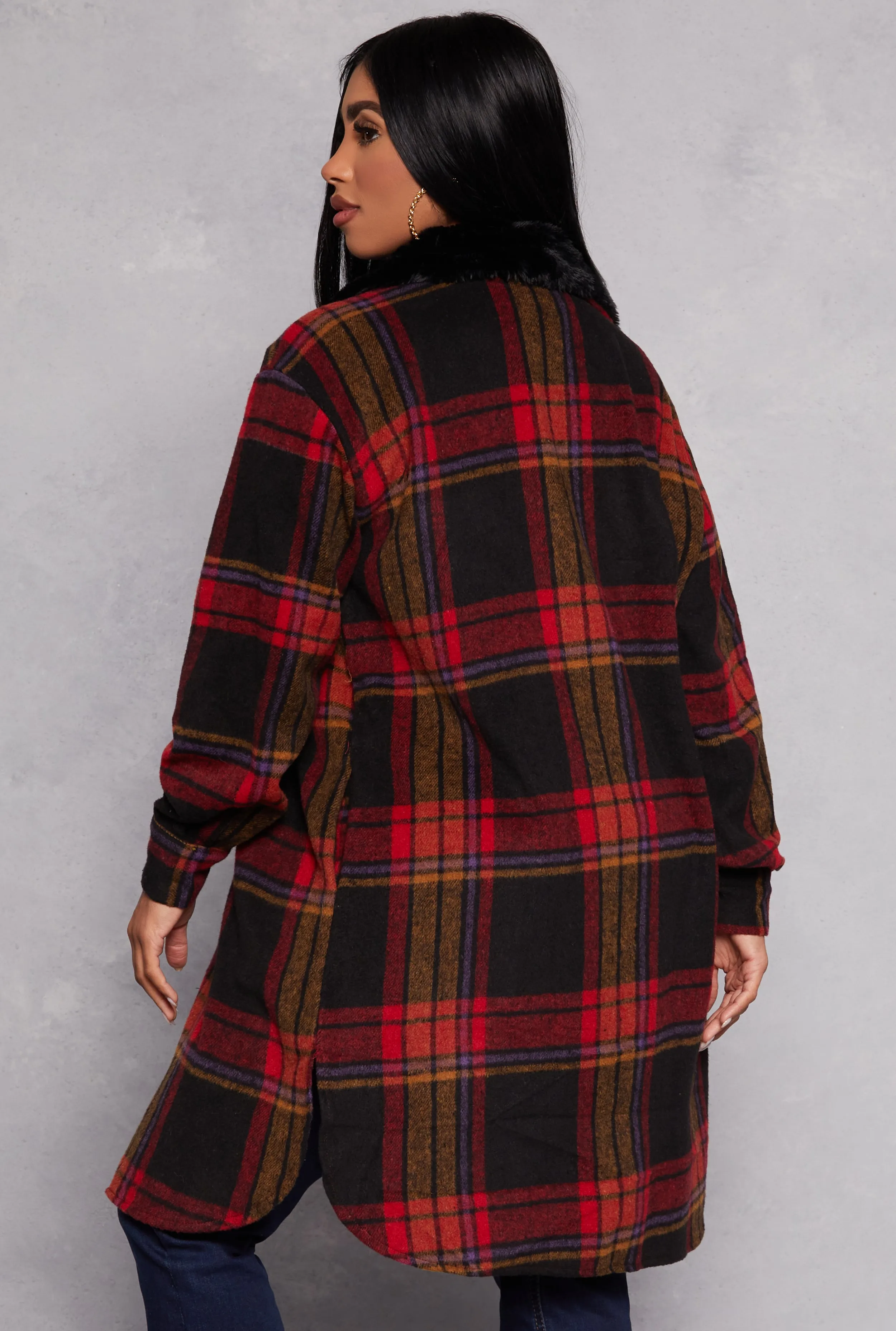 Spoon Jeans Faux Fur Collar Plaid Shacket sold by Rainbow product image thumbnail 3