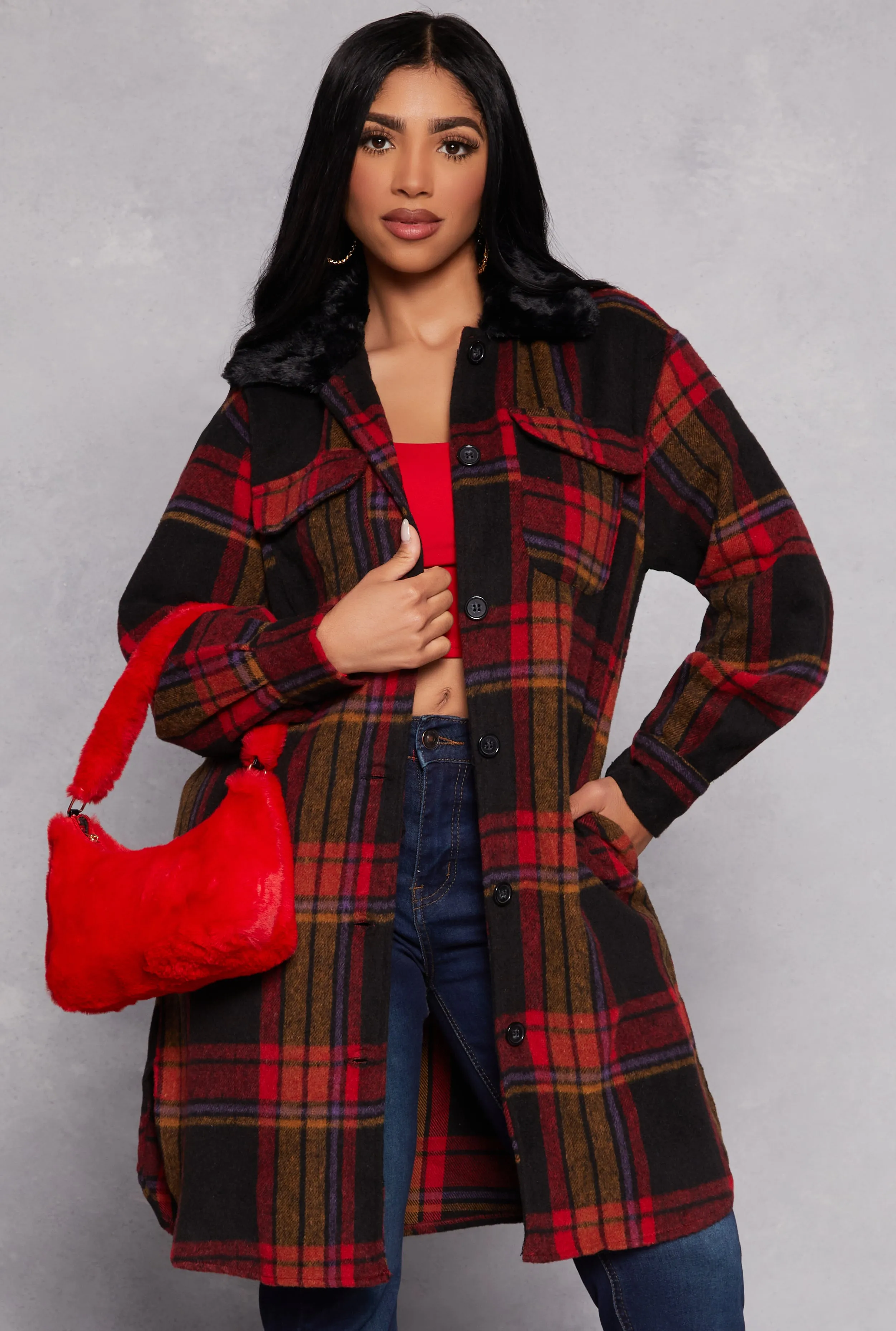 Spoon Jeans Faux Fur Collar Plaid Shacket sold by Rainbow