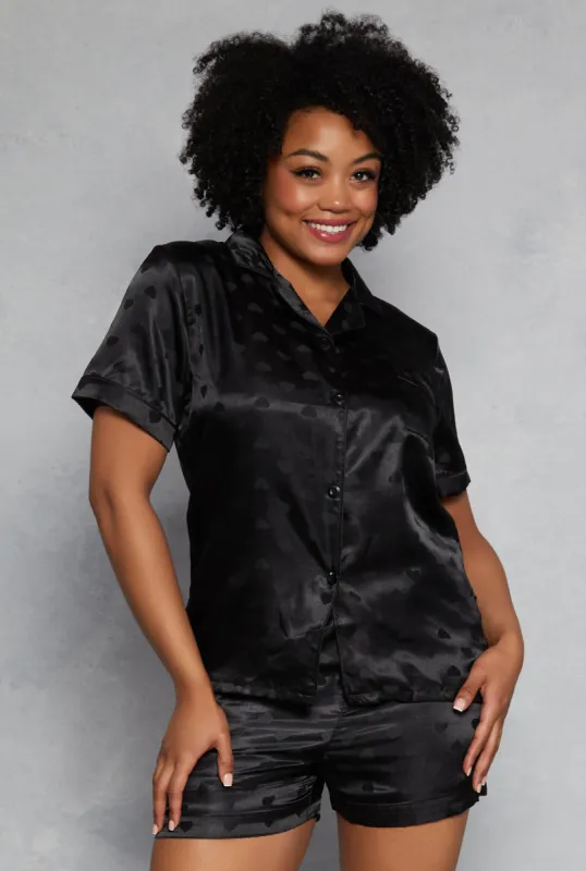 Plus Size Satin Heart Print Pajama Shirt and Shorts sold by Rainbow