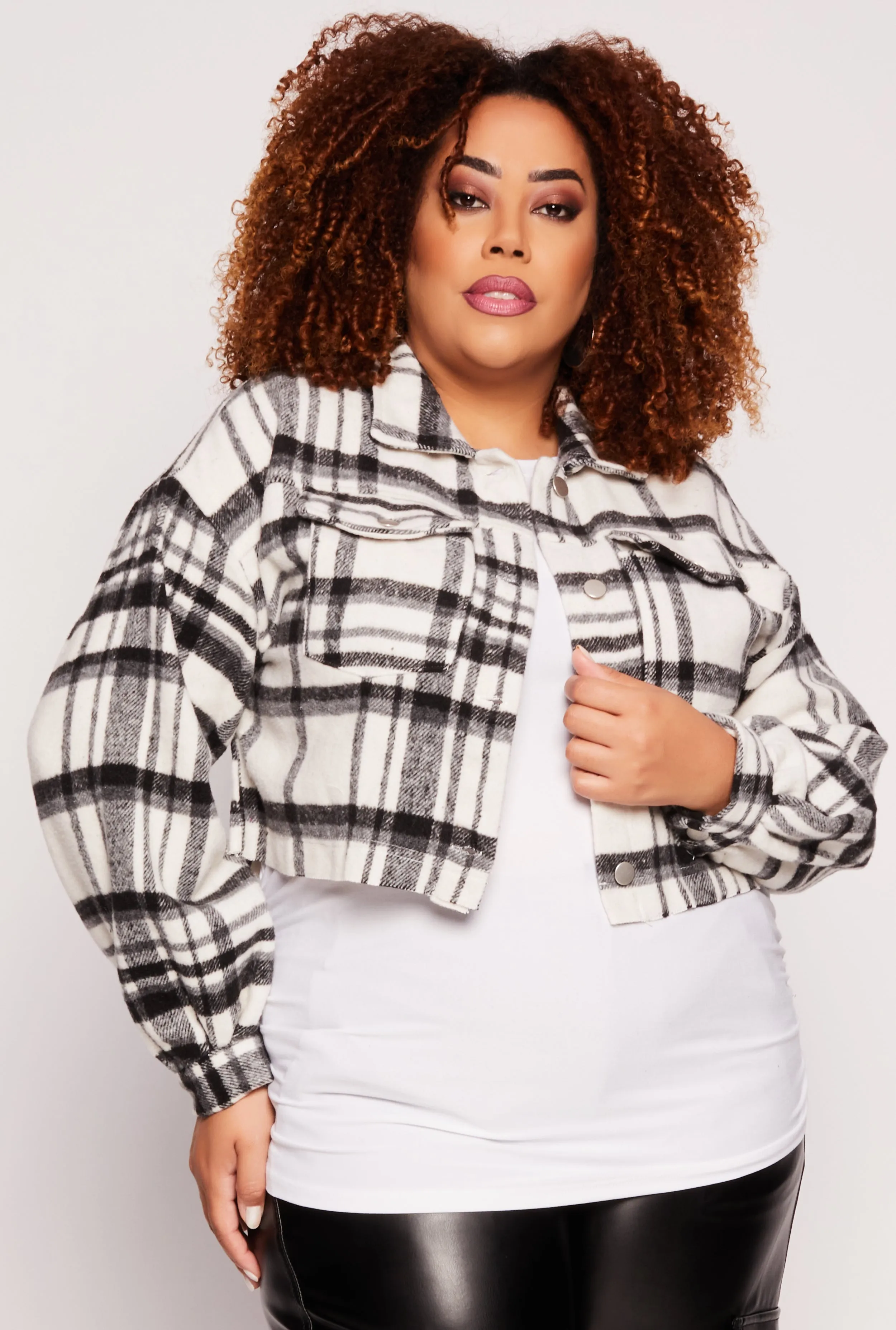 Plus Size Spoon Jeans Plaid Cropped Shacket sold by Rainbow