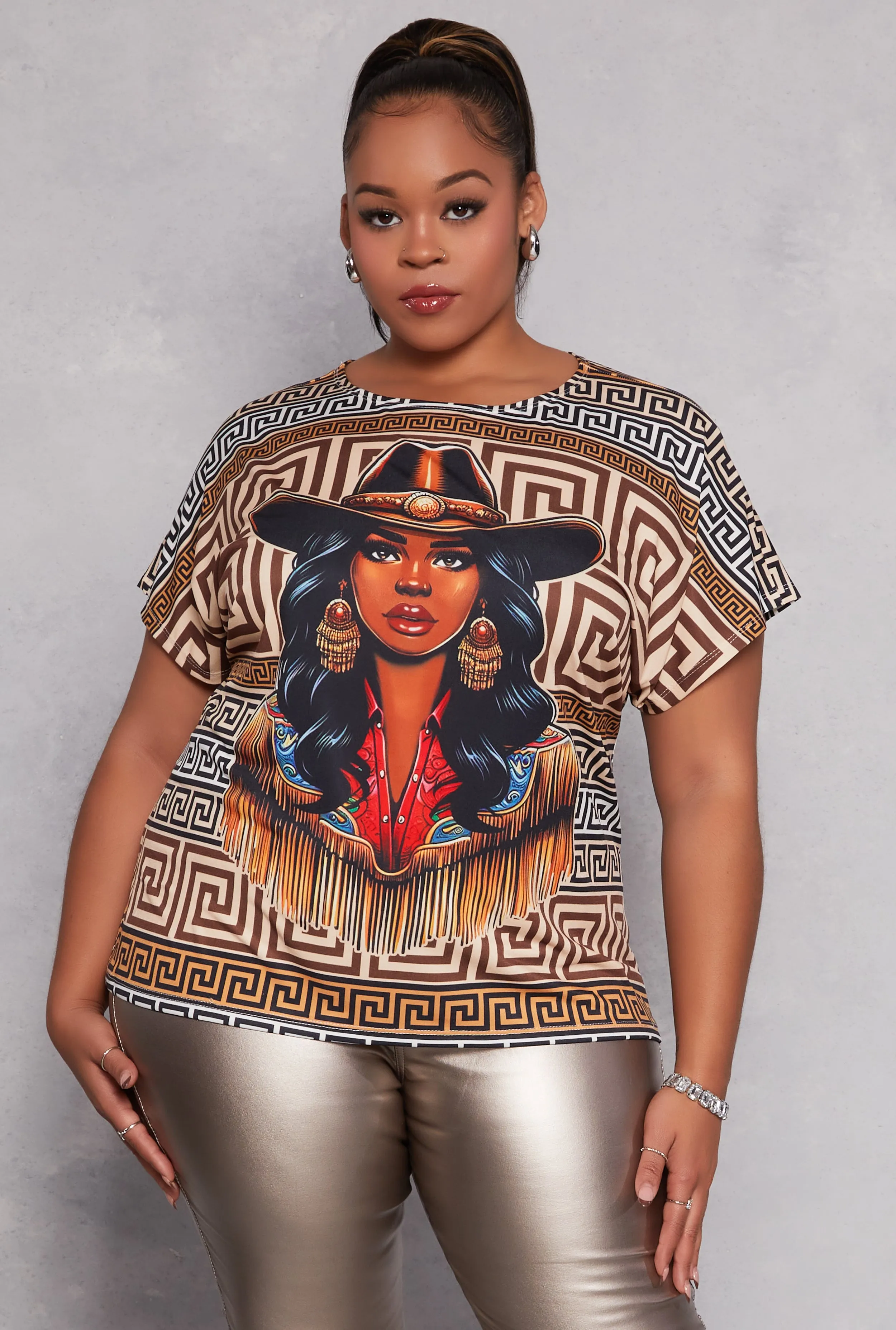 Plus Size Greek Key Cowgirl Graphic Tee sold by Rainbow
