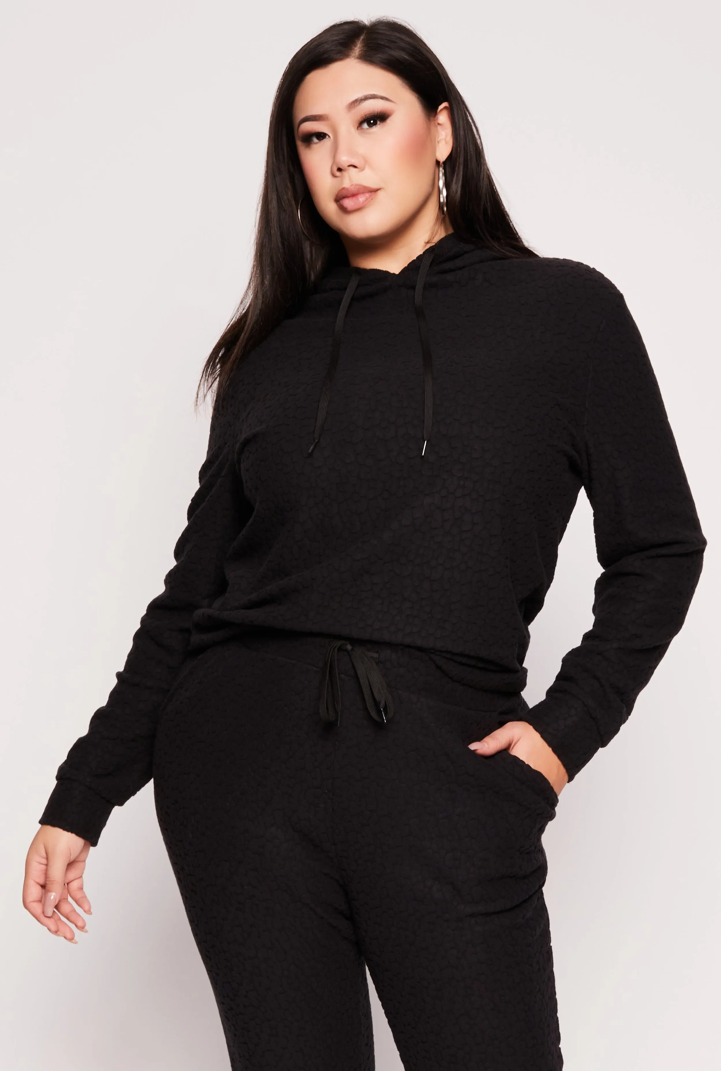 Plus Size Leopard Textured Knit Hoodie sold by Rainbow