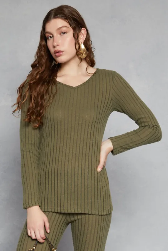 Brushed Rib Knit V Neck Long Sleeve Top sold by Rainbow