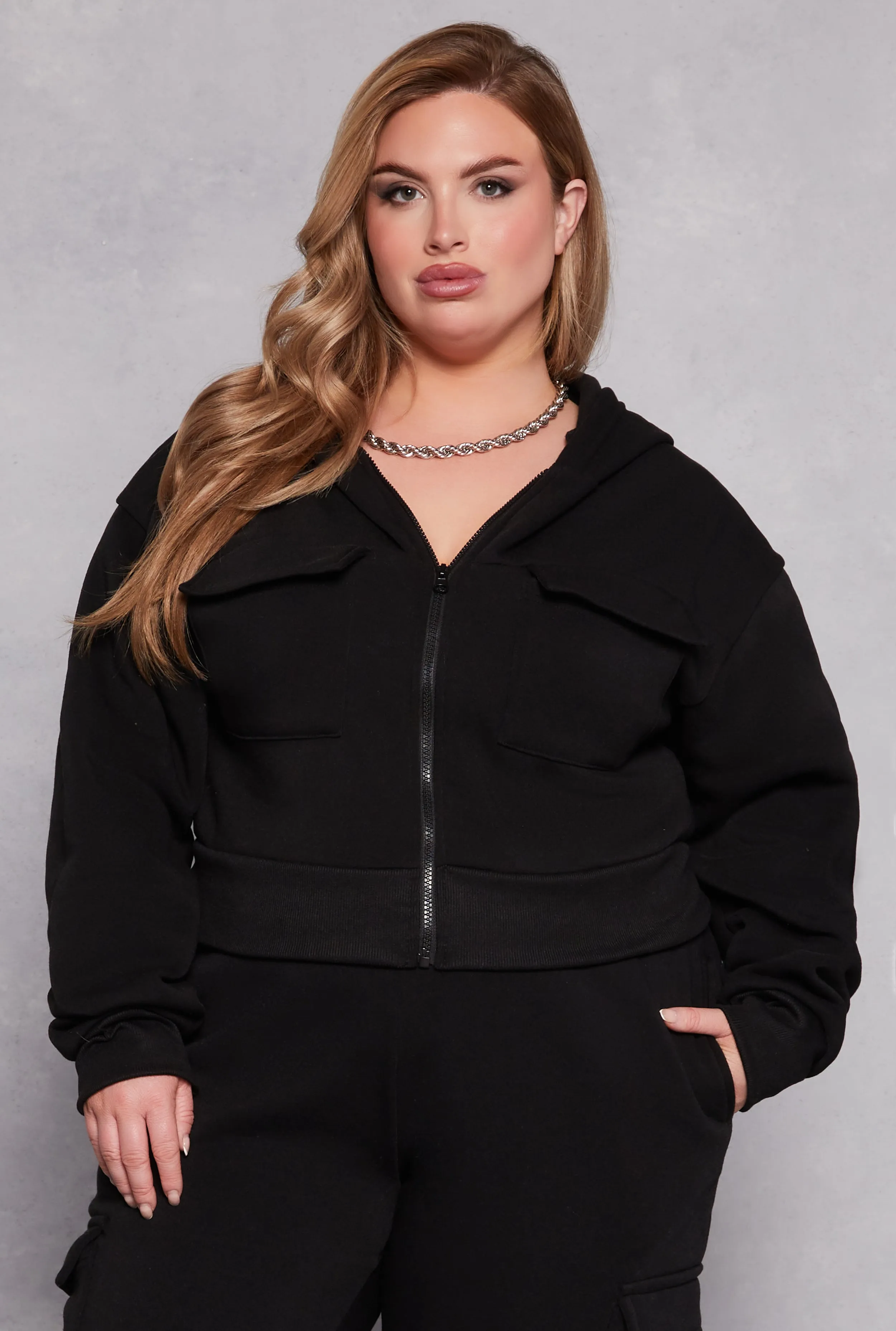 Plus Size Fleece Lined Cargo Hooded Sweatshirt sold by Rainbow