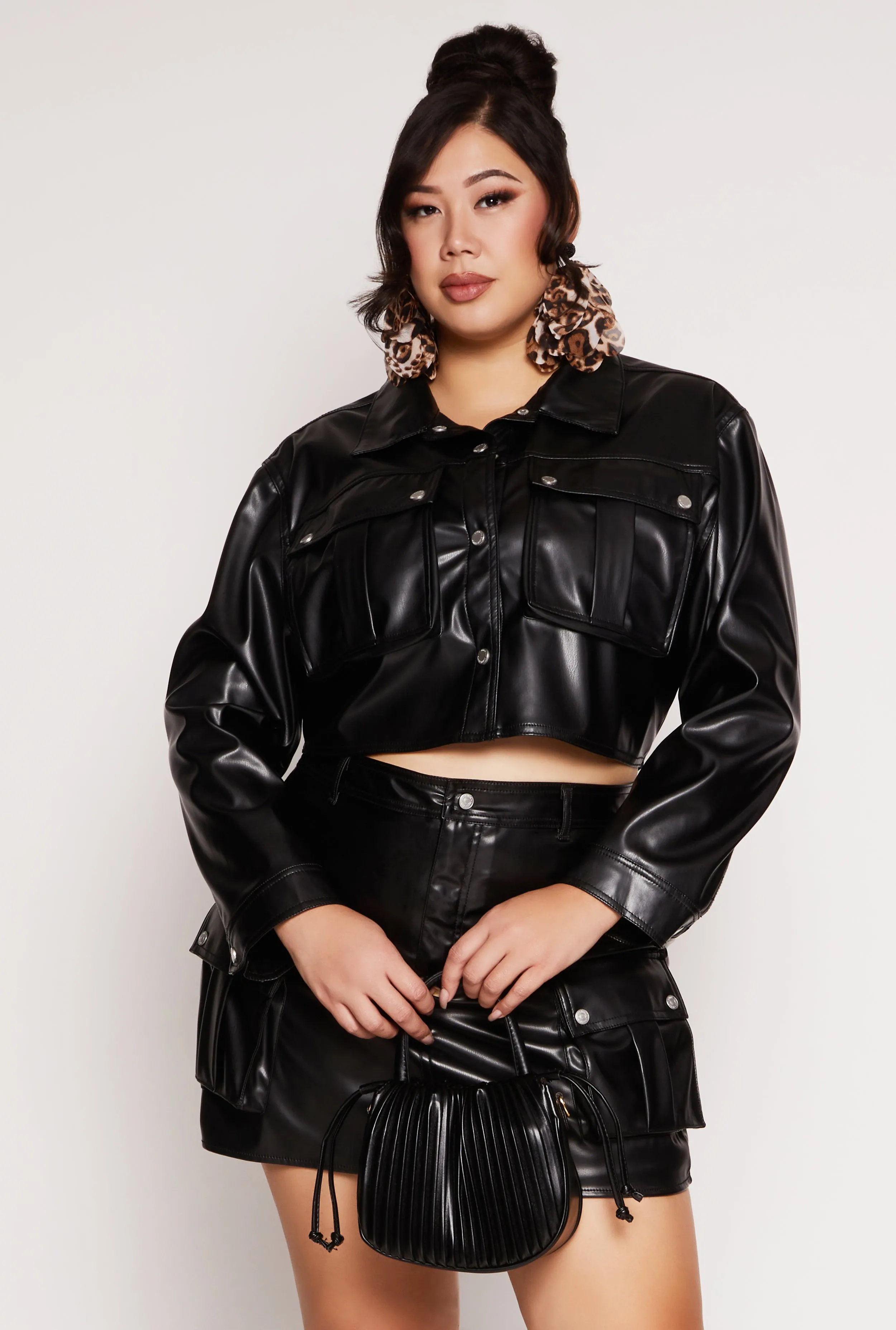 Plus Size Almost Famous Faux Leather Cropped Shacket sold by Rainbow