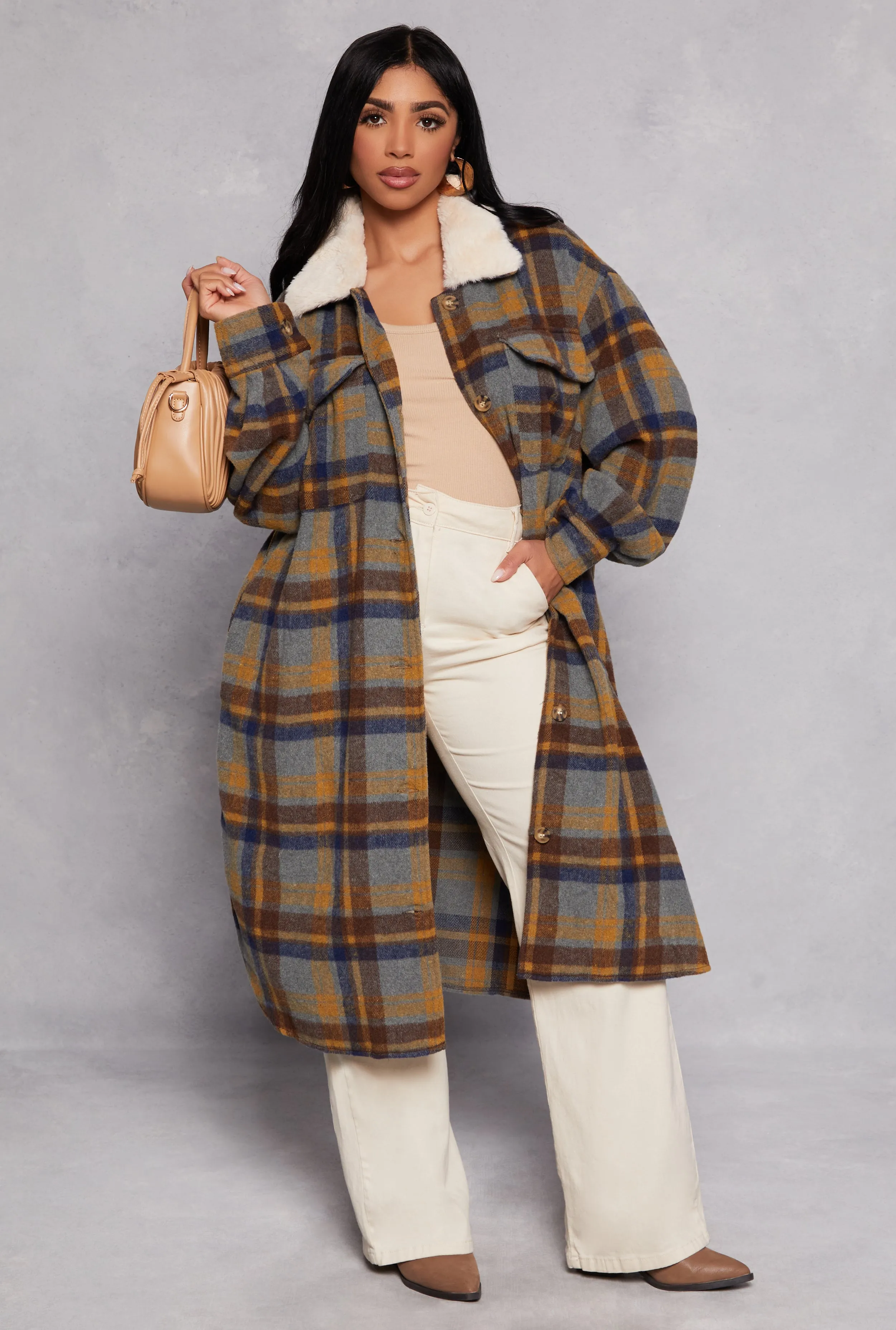 Spoon Jeans Faux Fur Collar Plaid Shacket sold by Rainbow product image thumbnail 2