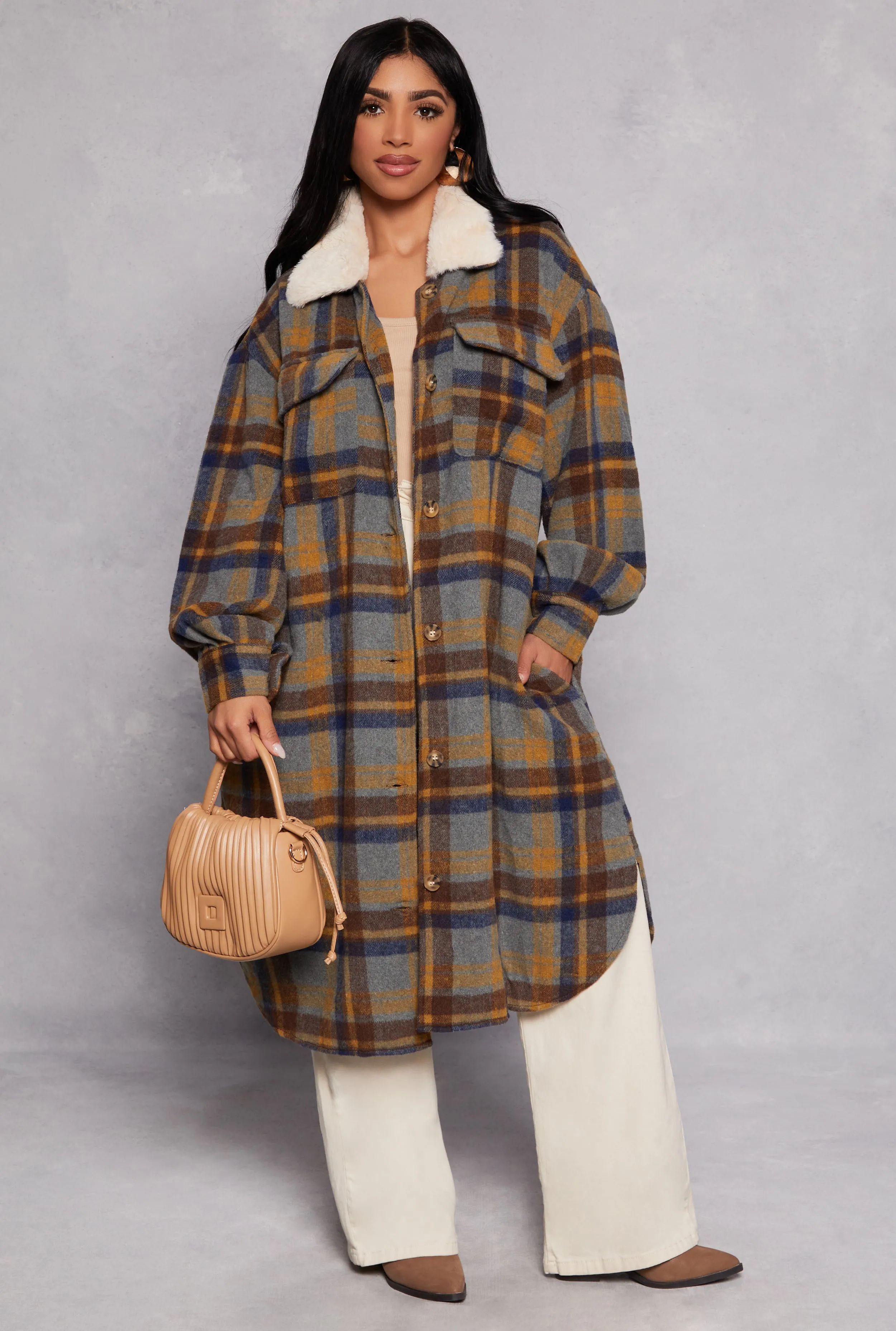 Spoon Jeans Faux Fur Collar Plaid Shacket sold by Rainbow