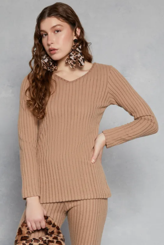 Brushed Rib Knit V Neck Long Sleeve Top sold by Rainbow