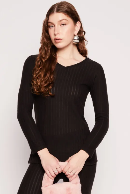 Brushed Rib Knit V Neck Long Sleeve Top sold by Rainbow