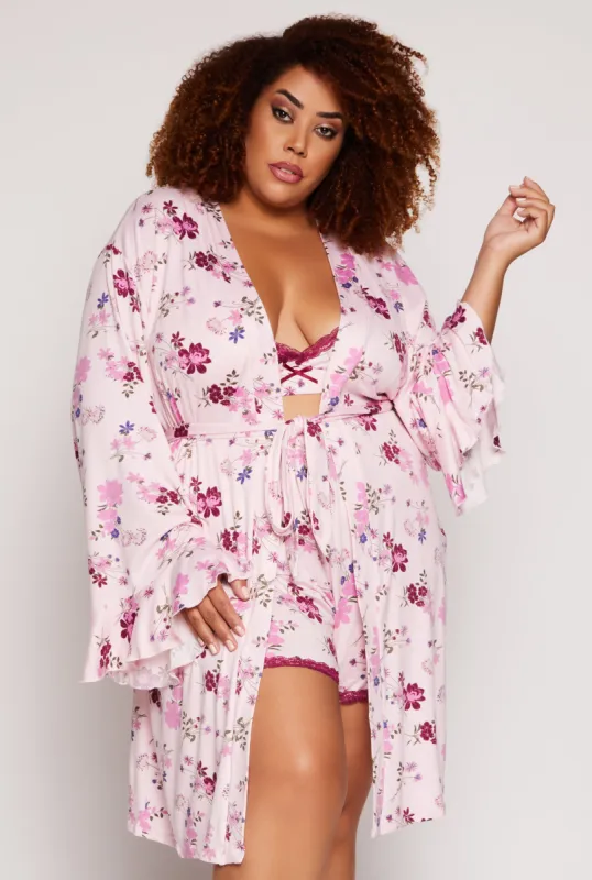 Plus Size Floral Print Pajama Bralette and Shorts with Robe sold by Rainbow