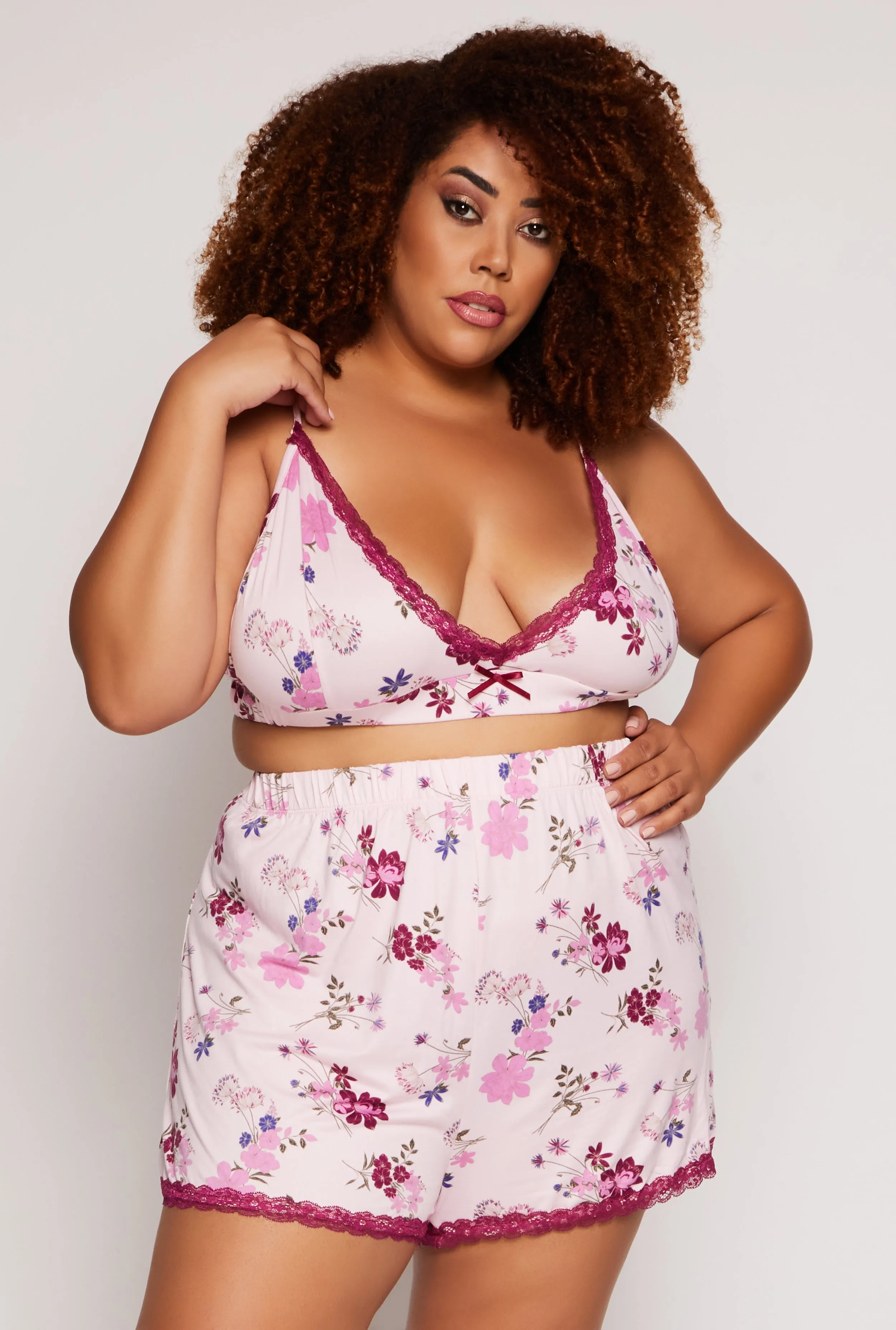 Plus Size Floral Print Pajama Bralette and Shorts with Robe sold by Rainbow product image thumbnail 3