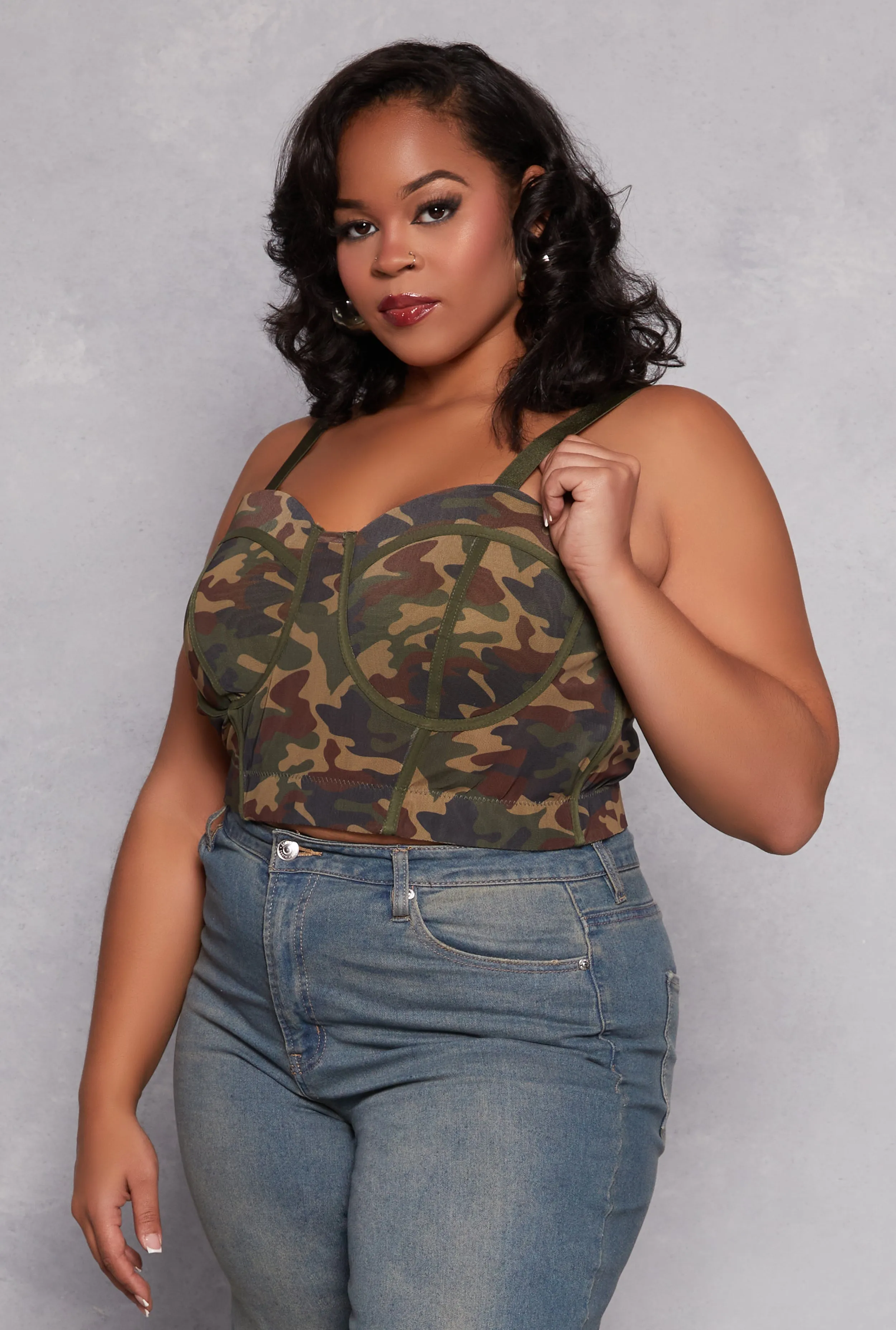 Plus Size Mesh Camo Bustier Top sold by Rainbow