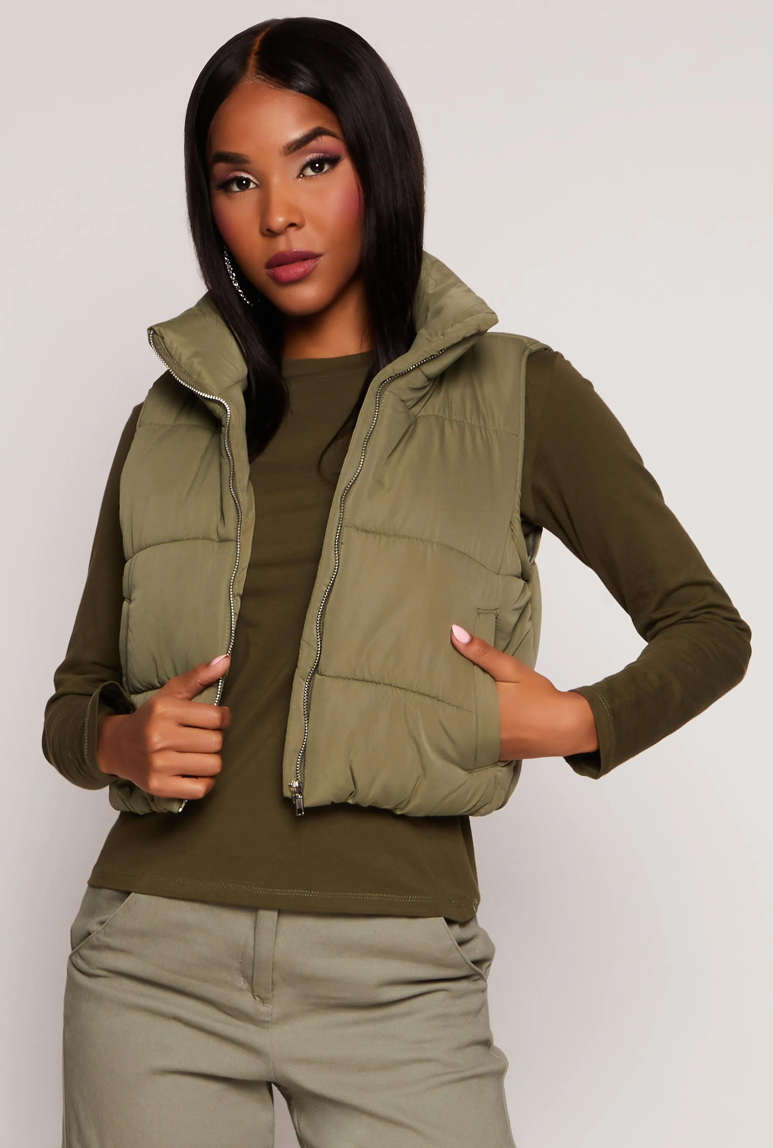 Zip Front Cropped Puffer Vest sold by Rainbow