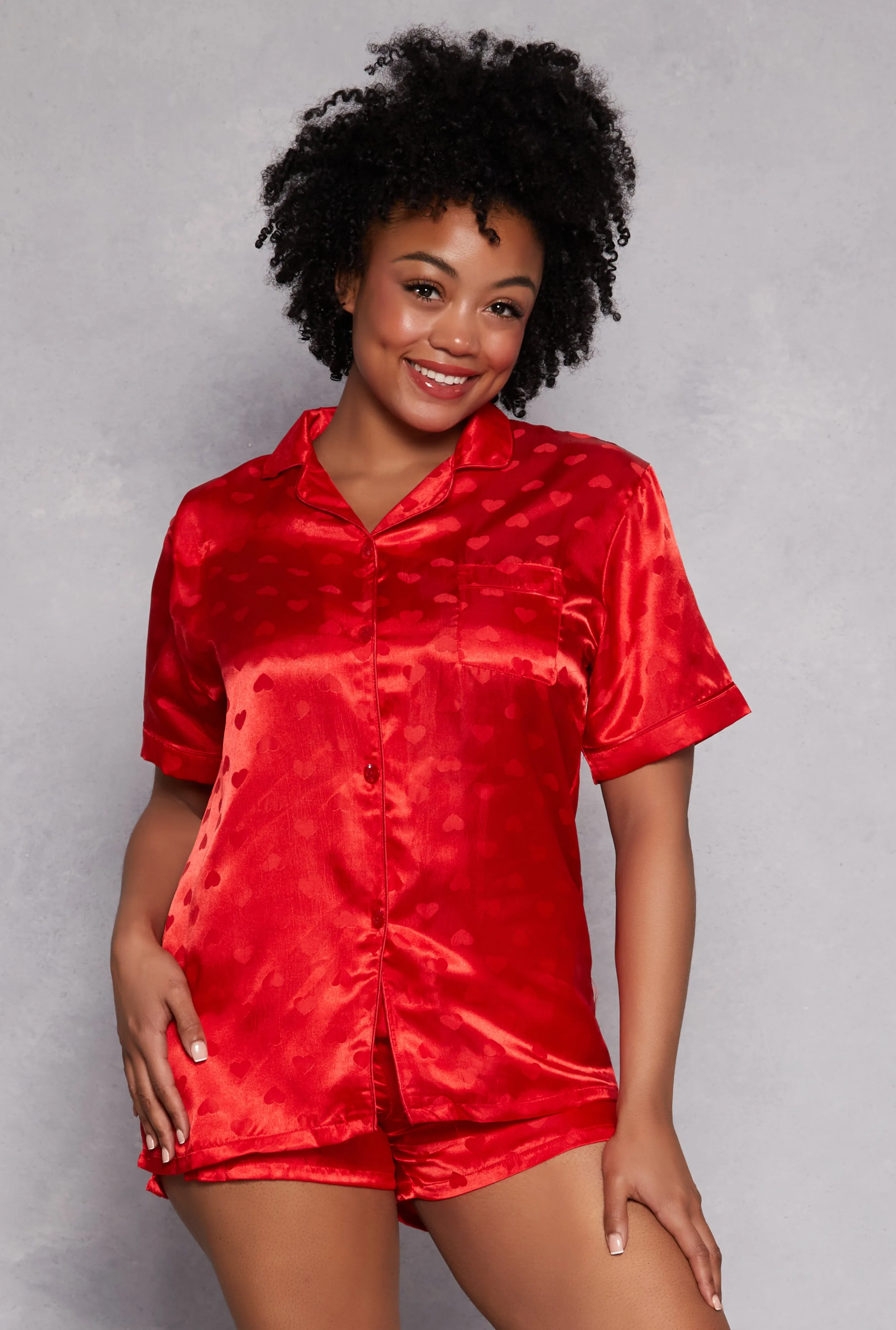 Plus Size Satin Heart Print Pajama Shirt and Shorts sold by Rainbow