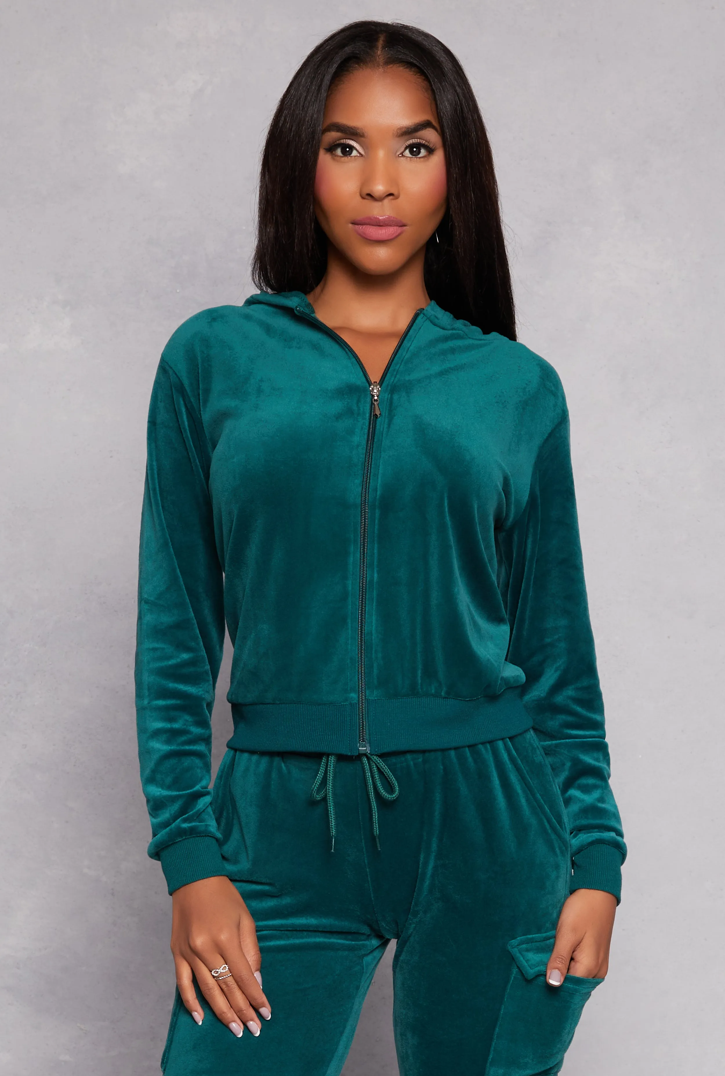 Velour Zip Front Hooded Sweatshirt sold by Rainbow