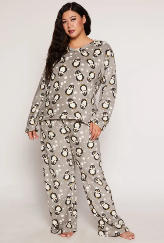 Plus Size Penguin Print Pajama Top and Pants Set sold by Rainbow