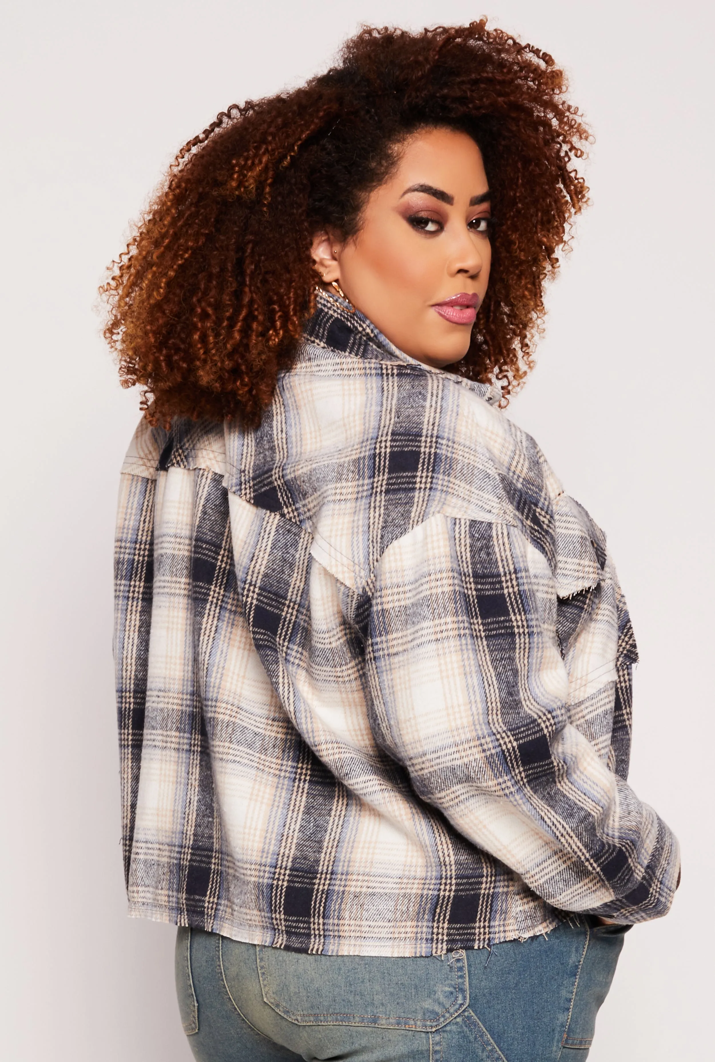 Plus Size Frayed Hem Plaid Shacket sold by Rainbow product image thumbnail 3