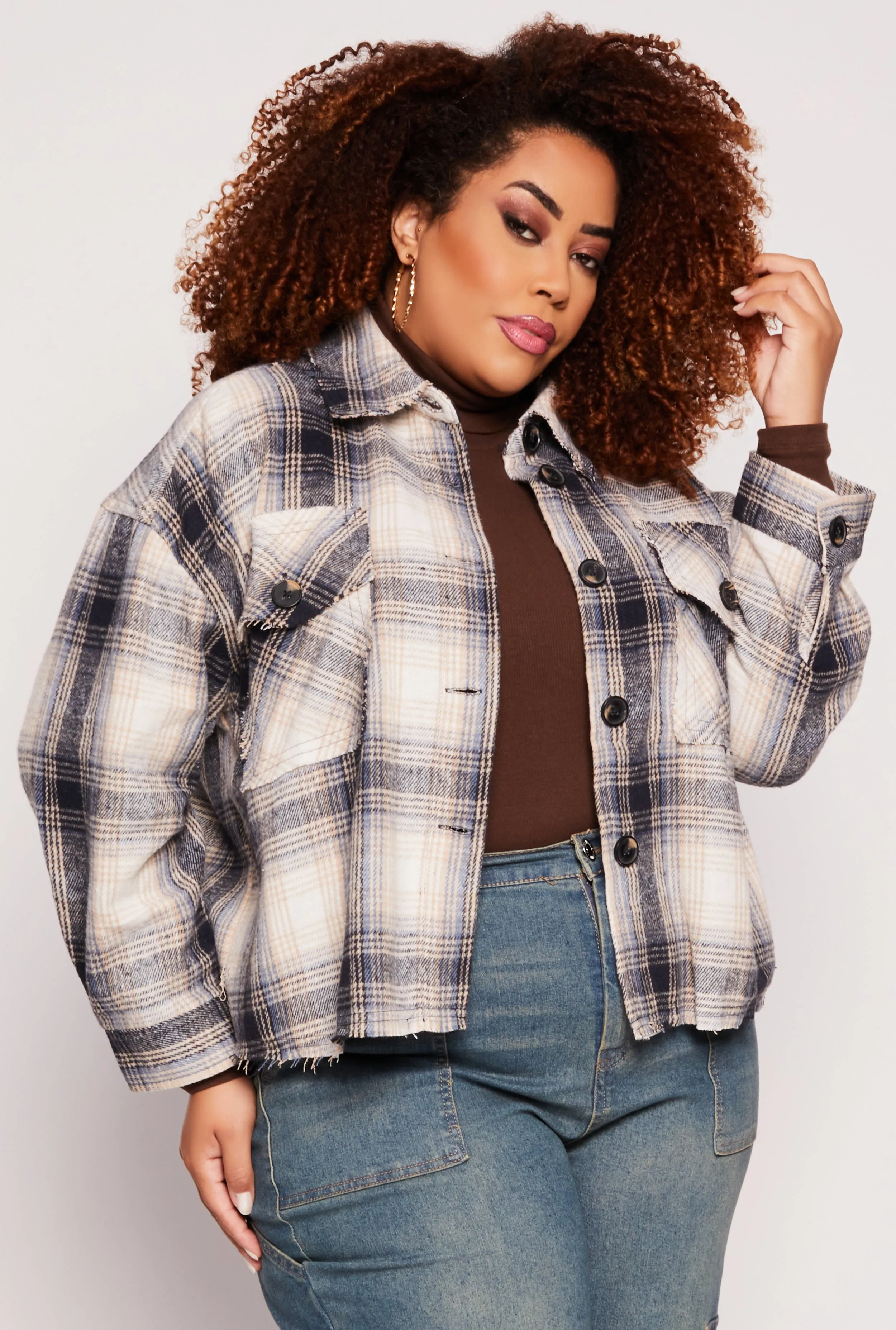 Plus Size Frayed Hem Plaid Shacket sold by Rainbow