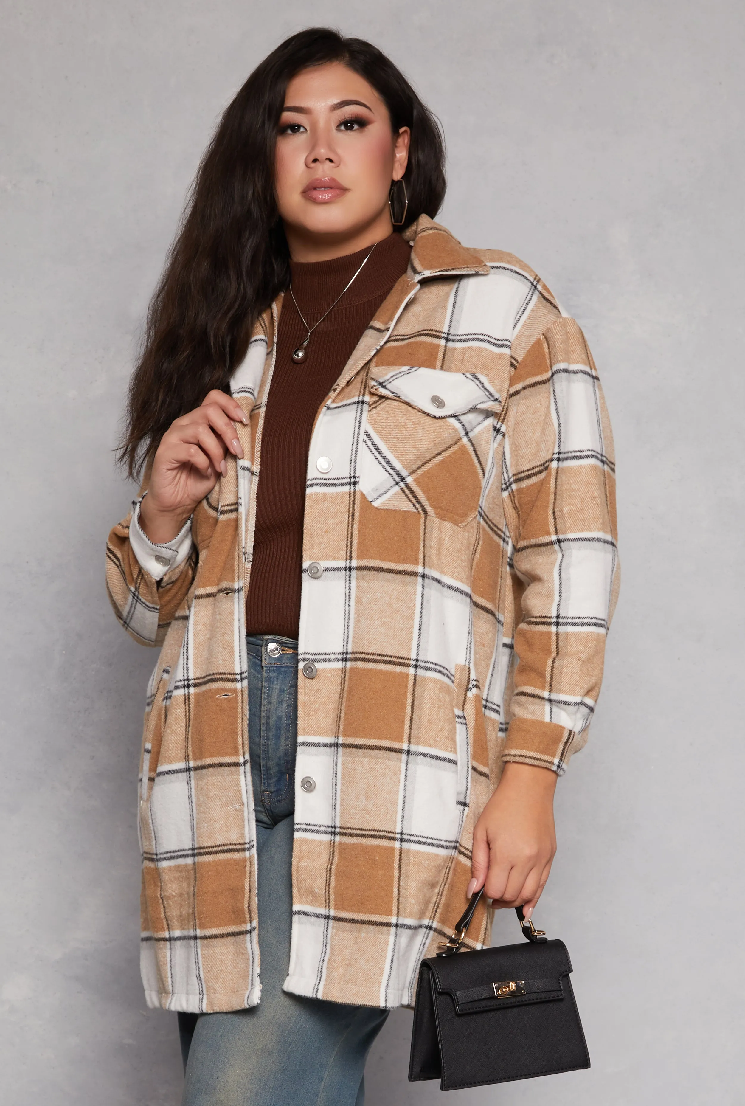 Plus Size Spoon Jeans Plaid Fleece Shacket sold by Rainbow