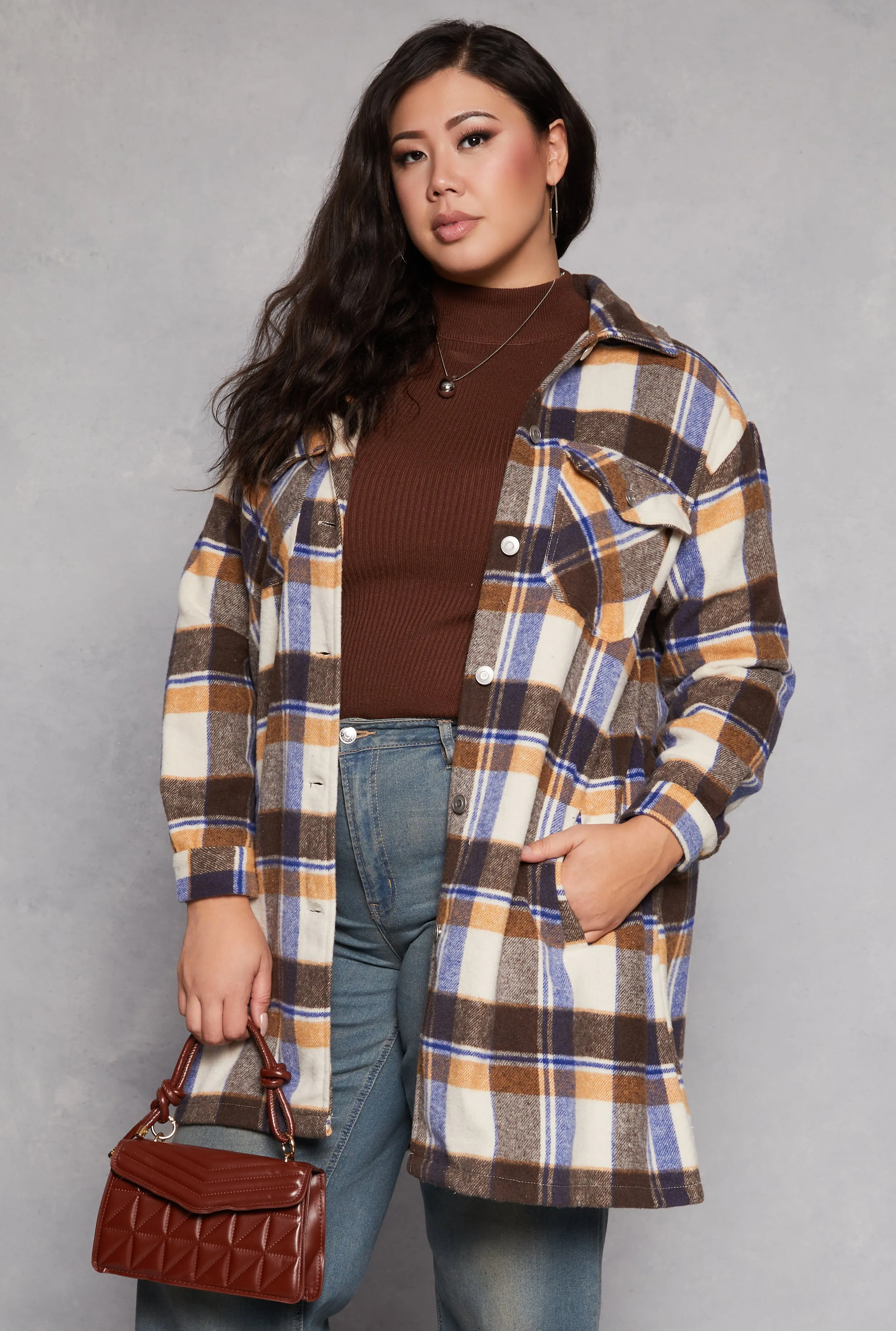 Plus Size Spoon Jeans Plaid Fleece Shacket sold by Rainbow
