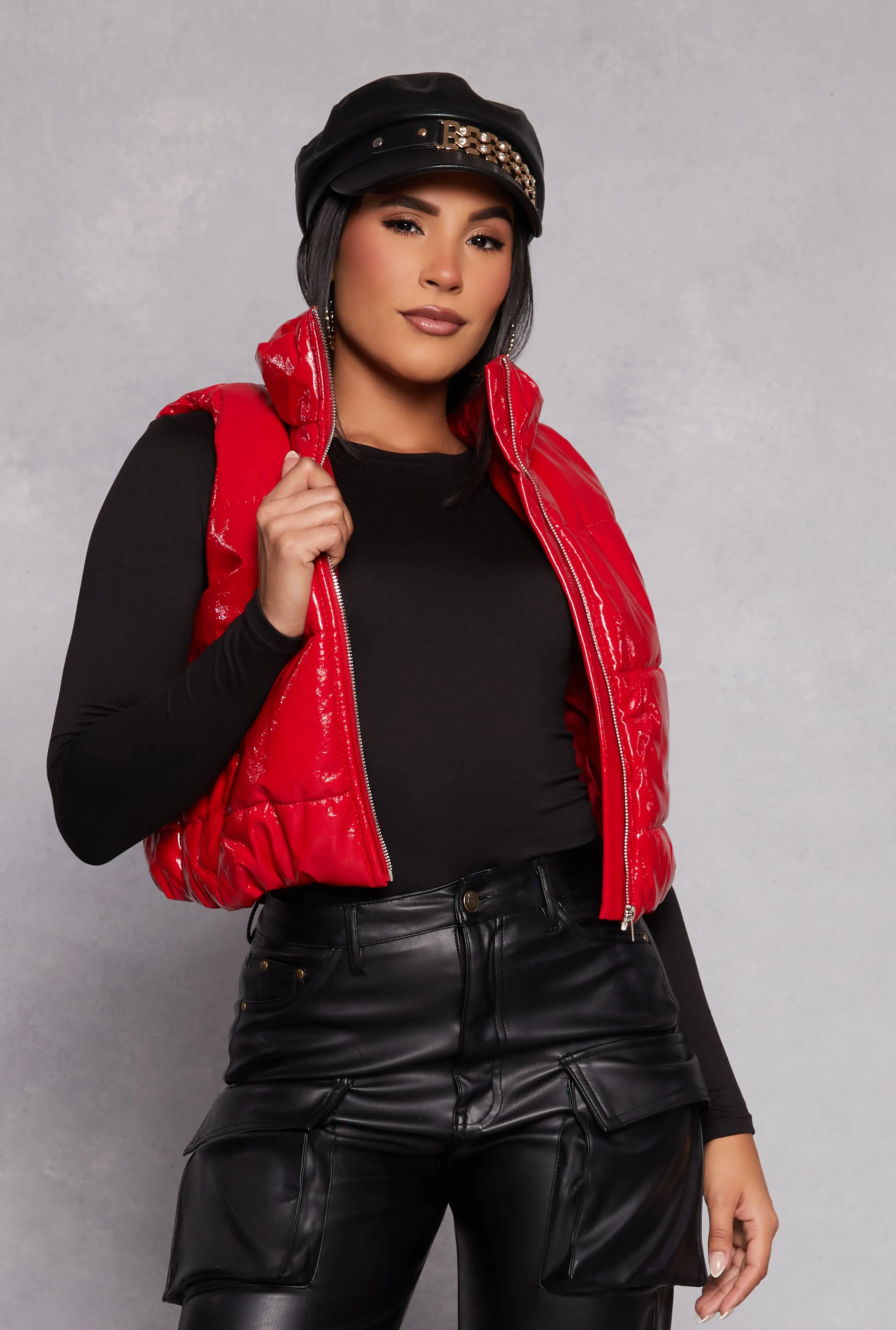 Faux Patent Leather Zip Front Puffer Vest sold by Rainbow