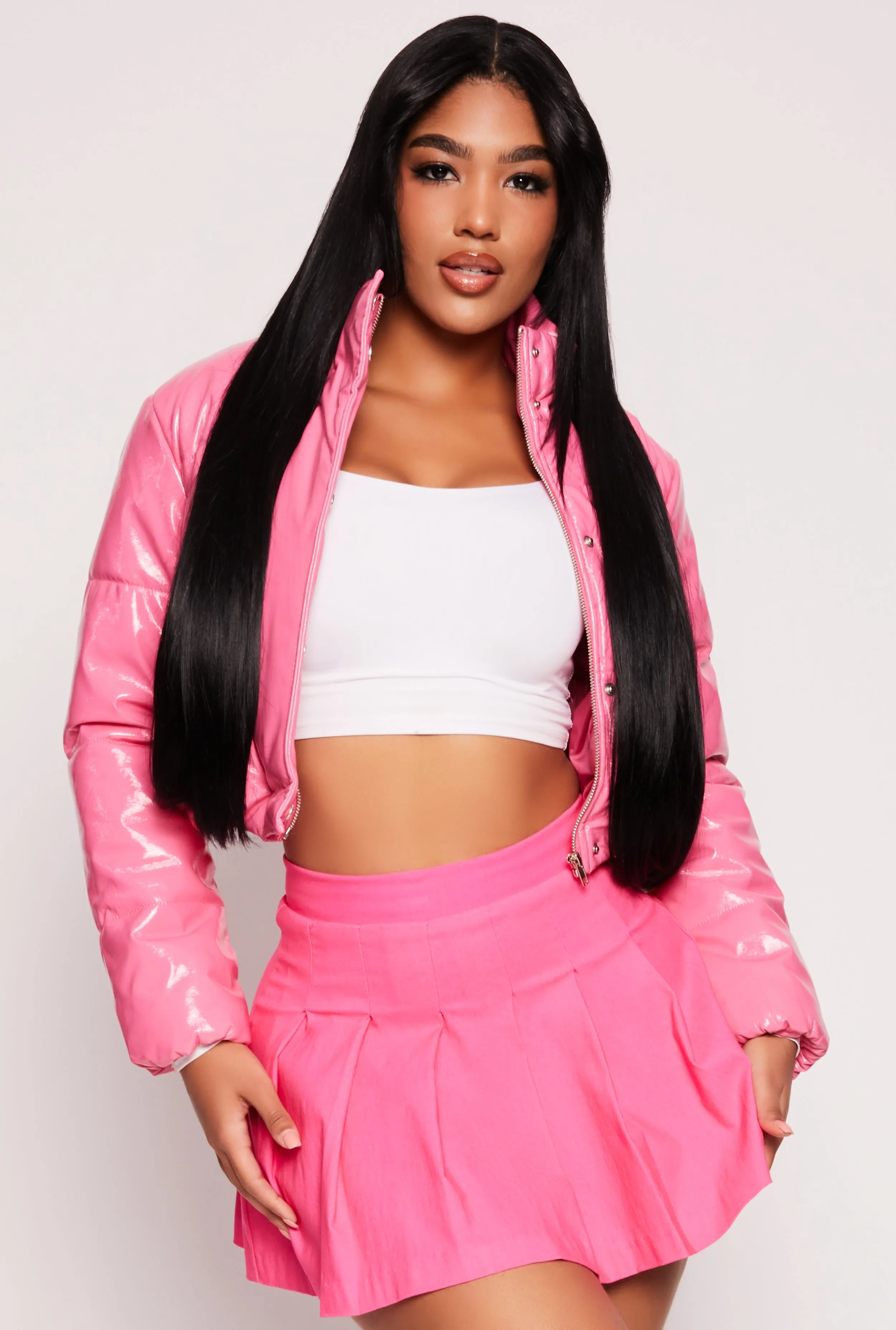 Faux Patent Leather Cropped Puffer Jacket sold by Rainbow
