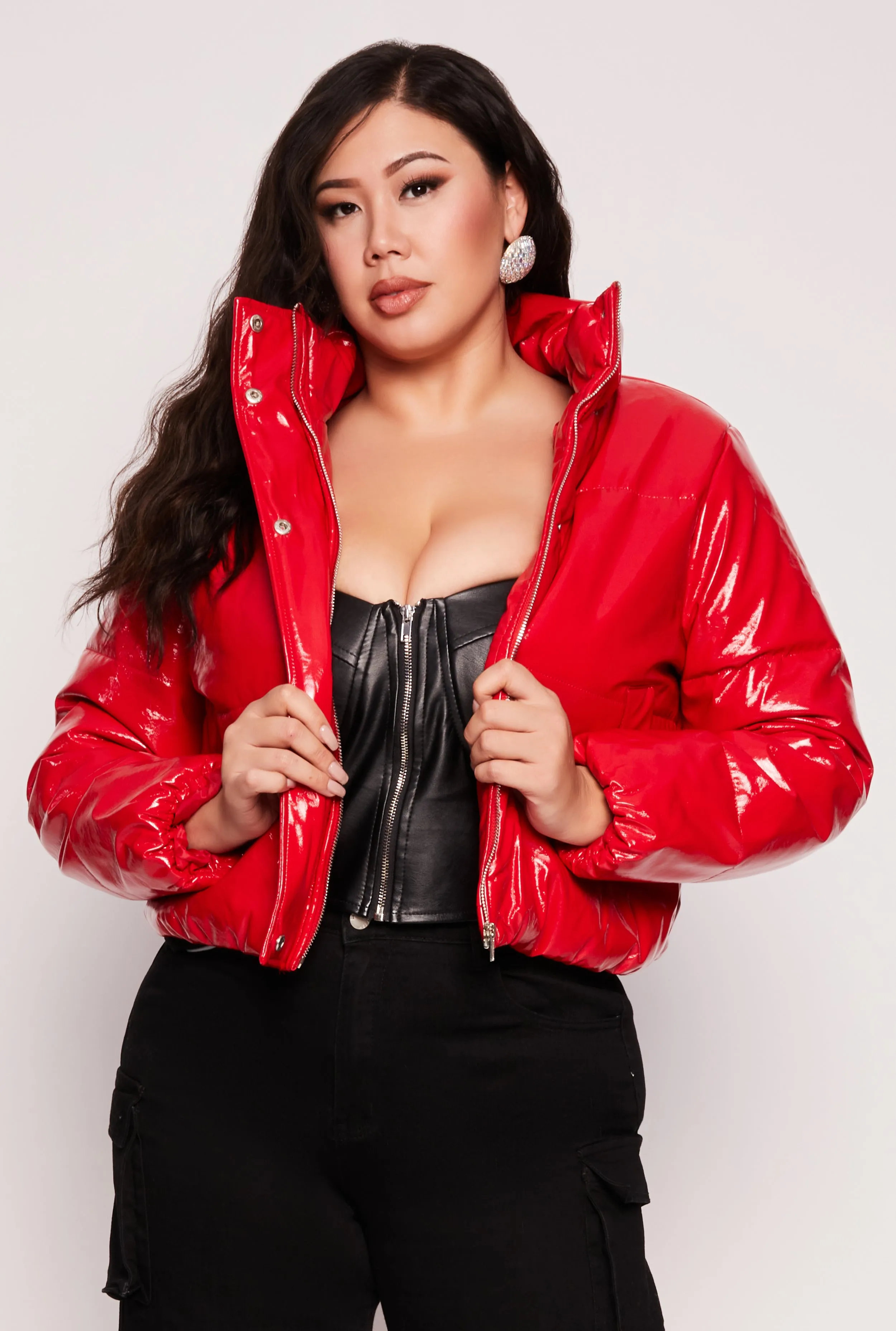 Plus Size Faux Patent Leather Puffer Jacket sold by Rainbow