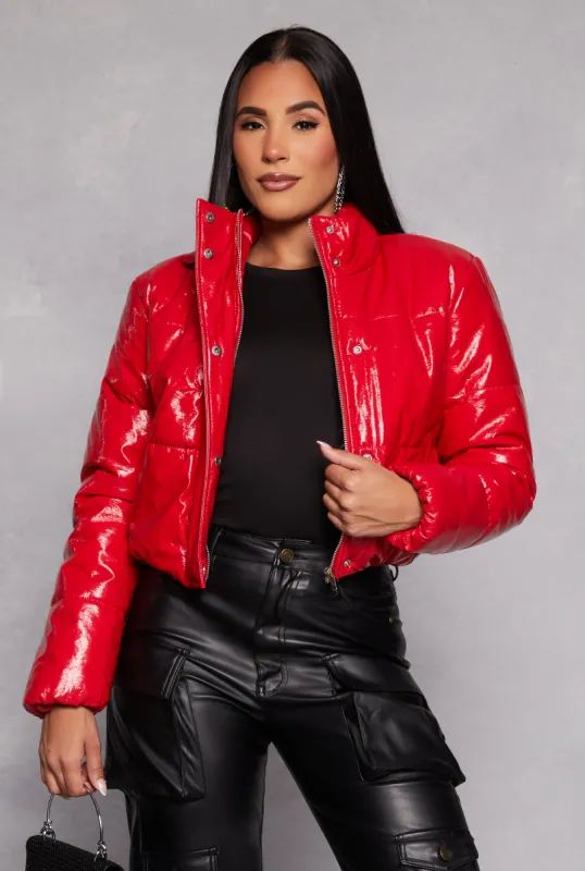 Faux Patent Leather Cropped Puffer Jacket sold by Rainbow
