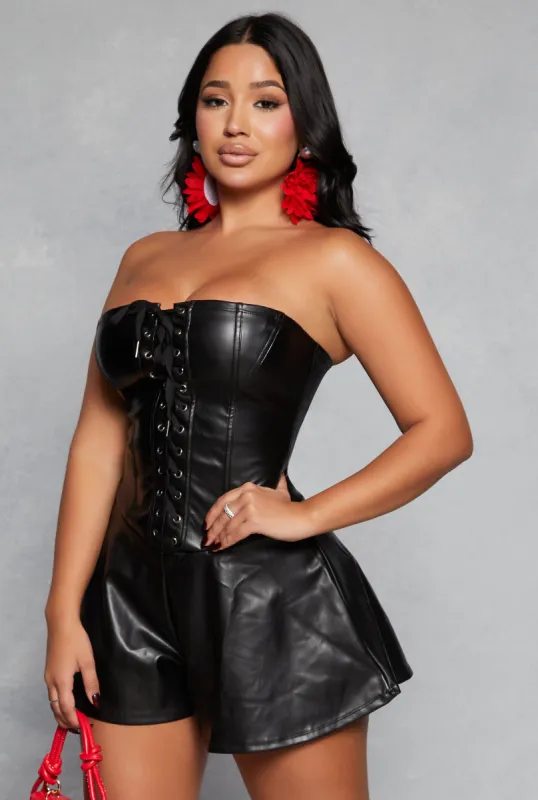 Faux Leather Lace Up Romper sold by Rainbow