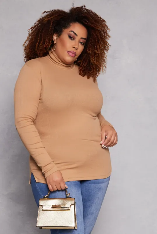 Plus Size Ribbed Knit Long Sleeve Turtleneck Top sold by Rainbow