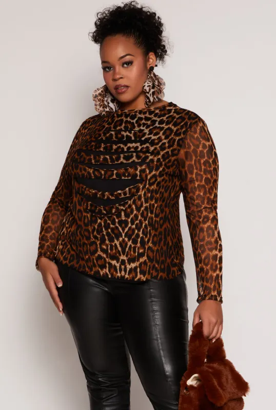 Plus Size Slashed Leopard Print Mesh Top sold by Rainbow