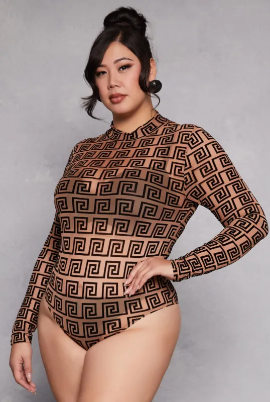 Plus Size Mesh Velvet Burnout Greek Key Bodysuit sold by Rainbow