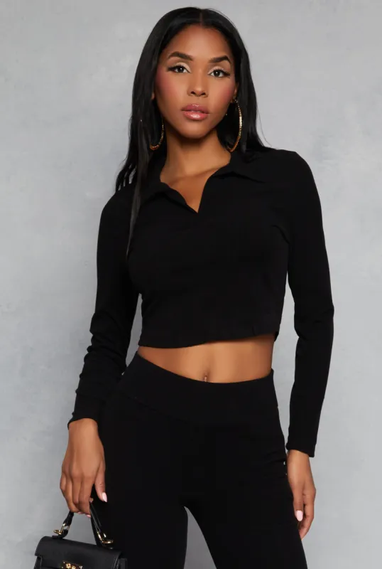Johnny Collar Long Sleeve Crop Top sold by Rainbow