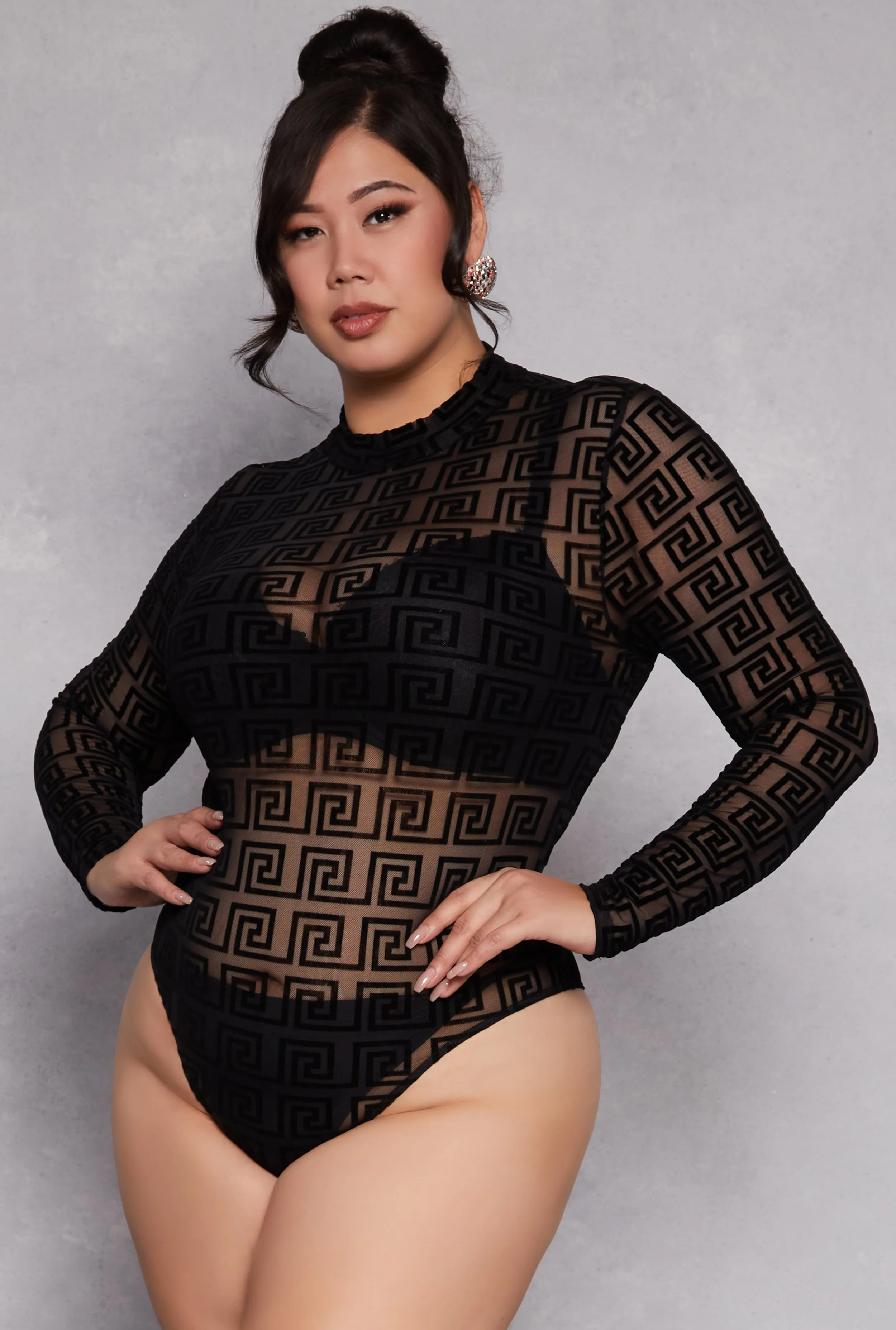 Plus Size Mesh Velvet Burnout Greek Key Bodysuit sold by Rainbow