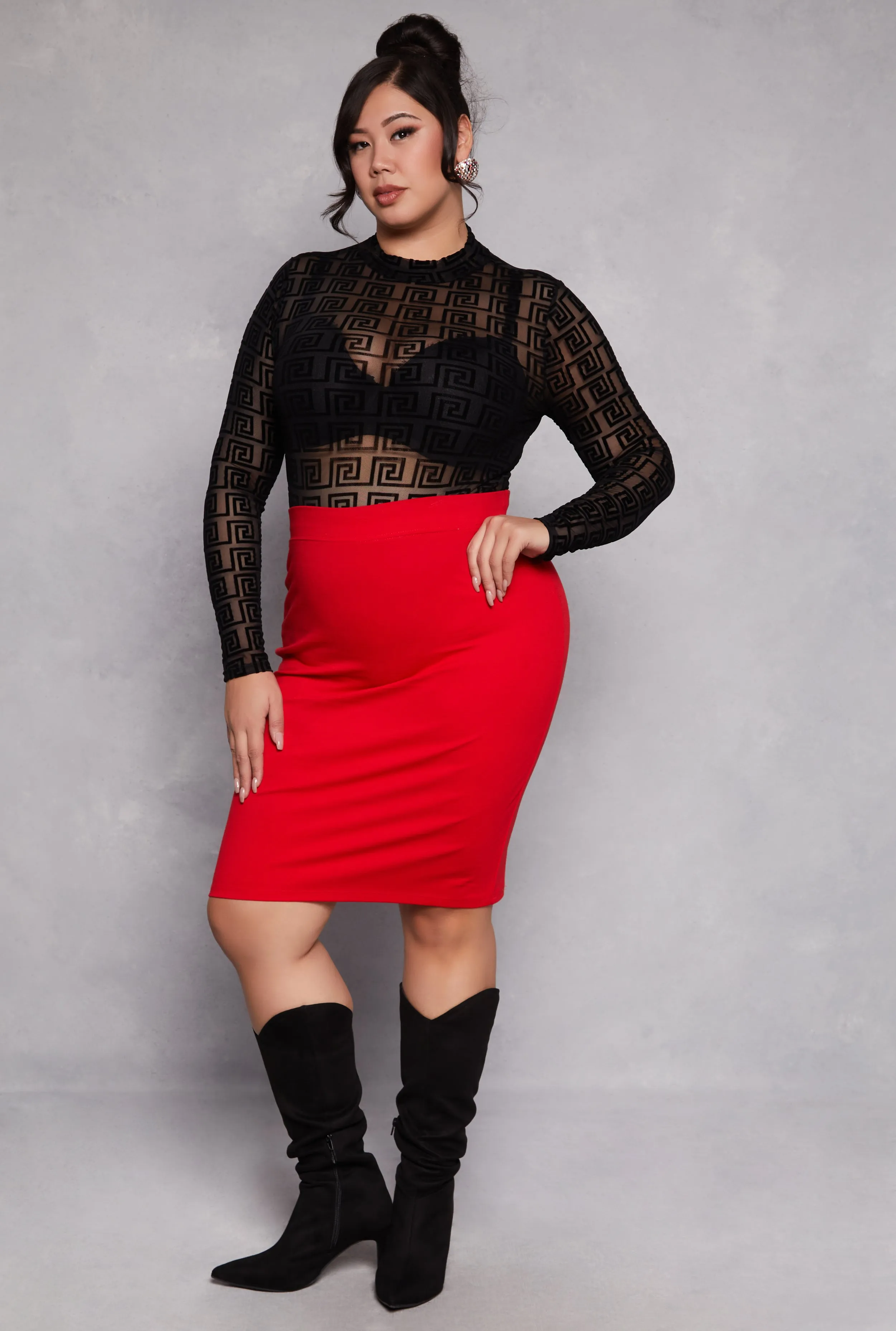 Plus Size Mesh Velvet Burnout Greek Key Bodysuit sold by Rainbow product image thumbnail 2