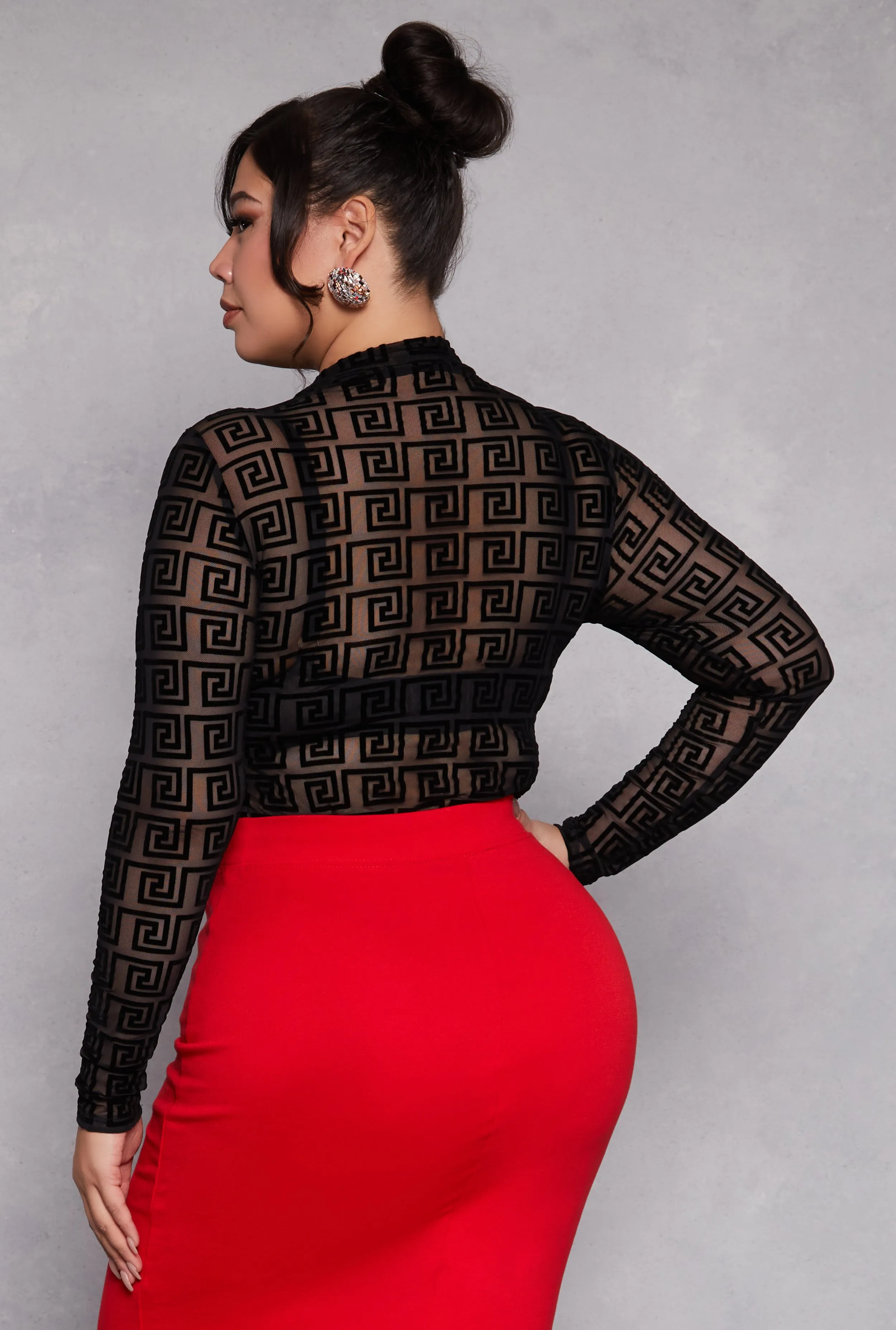 Plus Size Mesh Velvet Burnout Greek Key Bodysuit sold by Rainbow product image thumbnail 3