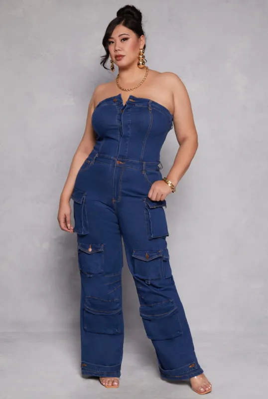 Plus Size Daisy Denim Strapless Utility Jumpsuit sold by Rainbow