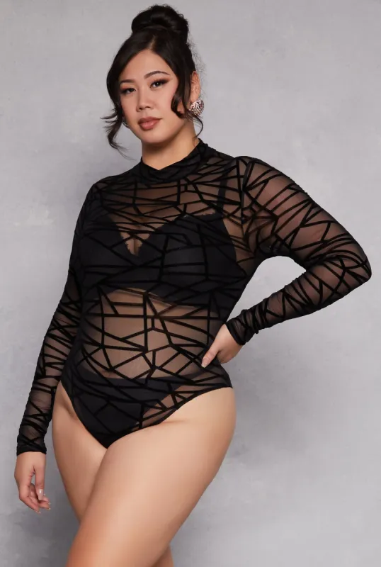 Plus Size Mesh Velvet Burnout Printed Bodysuit sold by Rainbow