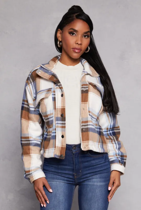 Plaid Snap Button Zip Front Shacket sold by Rainbow