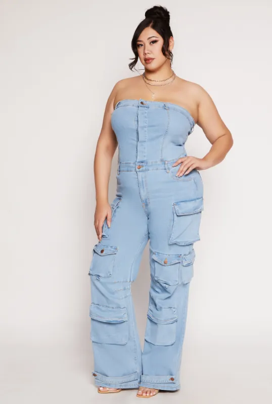 Plus Size Daisy Denim Strapless Utility Jumpsuit sold by Rainbow