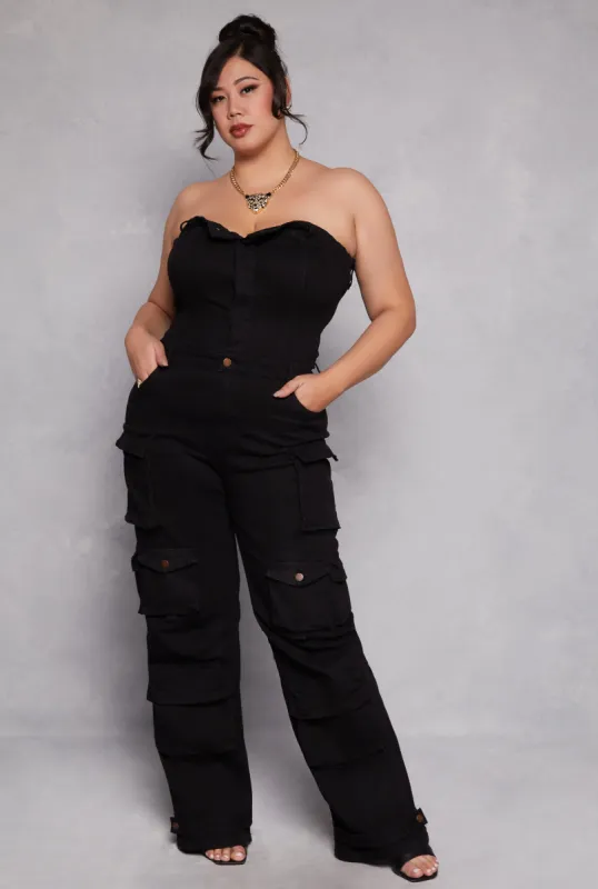 Plus Size Daisy Denim Strapless Utility Jumpsuit sold by Rainbow