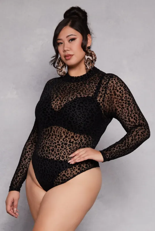 Plus Size Mesh Velvet Burnout Leopard Print Bodysuit sold by Rainbow